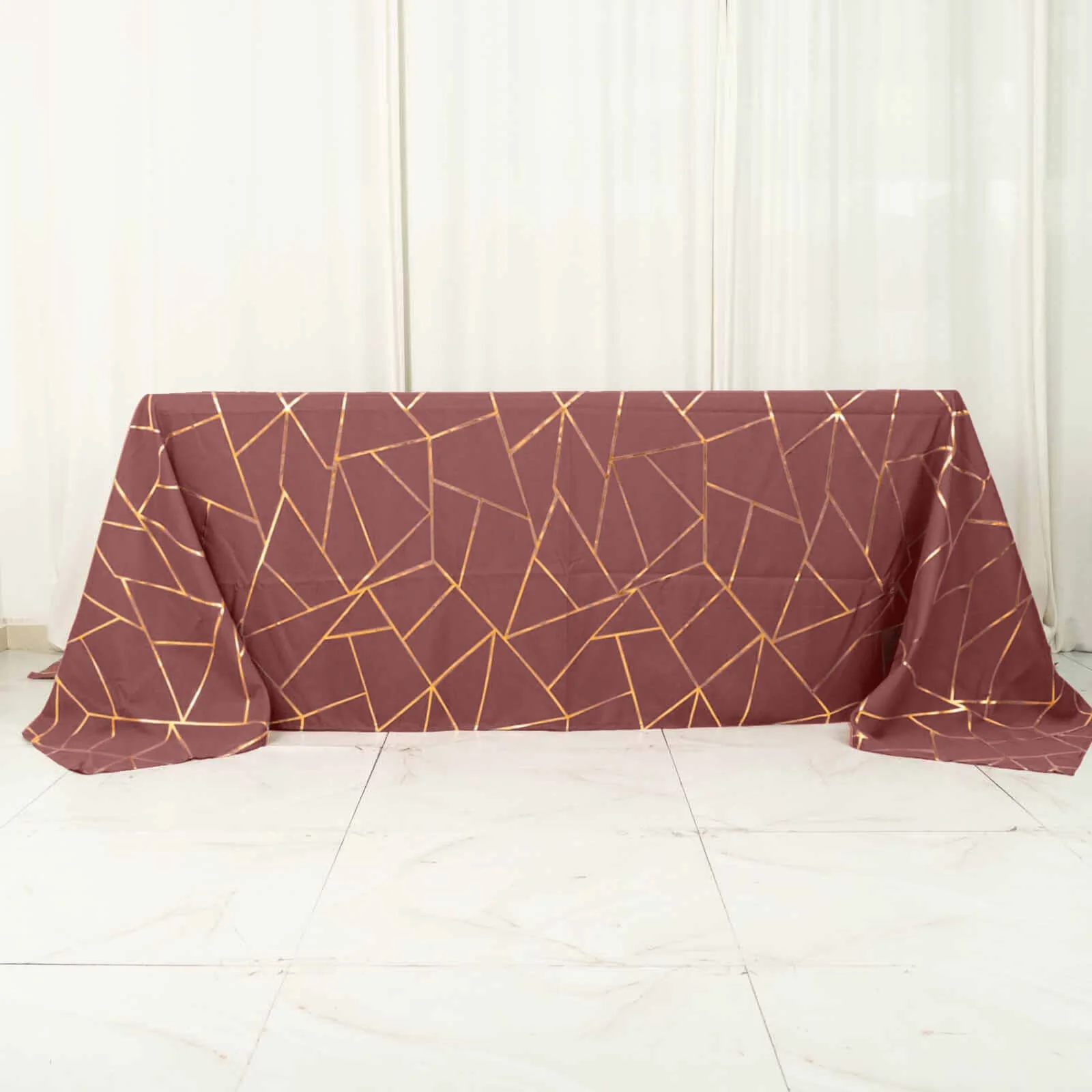 Polyester Rectangle Tablecloth 90"x132" Cinnamon Rose with Gold Foil Geometric Pattern - Seamless & Wrinkle-Resistant Table Cover - Image 5
