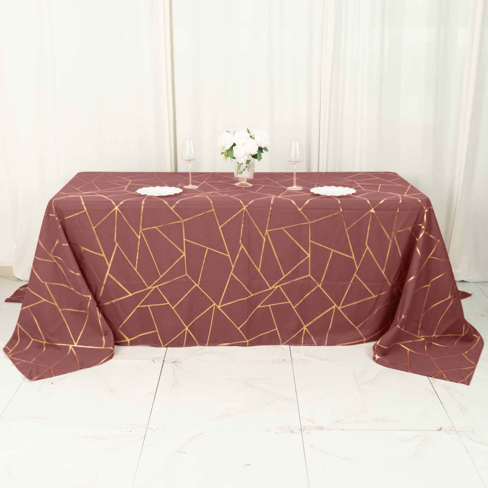 Polyester Rectangle Tablecloth 90"x132" Cinnamon Rose with Gold Foil Geometric Pattern - Seamless & Wrinkle-Resistant Table Cover - Image 7