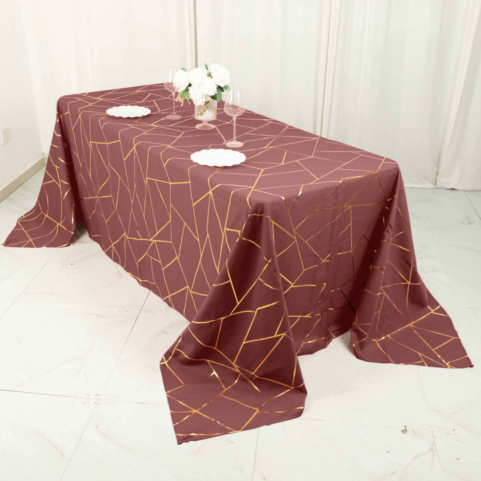 Polyester Rectangle Tablecloth 90"x132" Cinnamon Rose with Gold Foil Geometric Pattern - Seamless & Wrinkle-Resistant Table Cover - Image 8