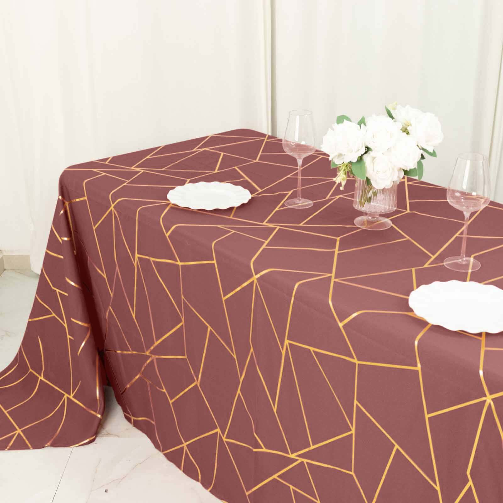 Polyester Rectangle Tablecloth 90"x132" Cinnamon Rose with Gold Foil Geometric Pattern - Seamless & Wrinkle-Resistant Table Cover - Image 9