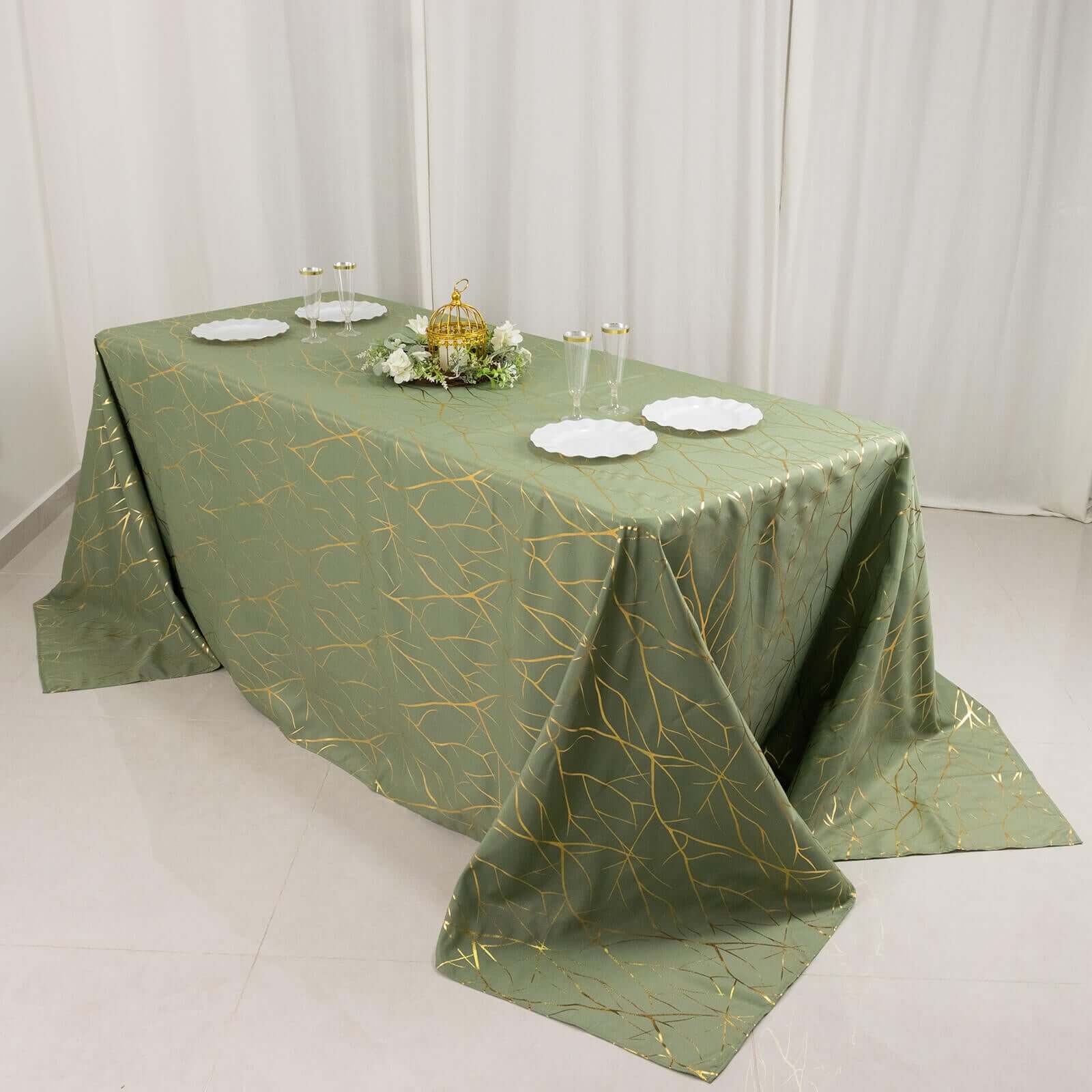 Polyester Rectangle Tablecloth 90"x132" Dusty Sage Green with Gold Foil Tree Branch Pattern - Seamless & Wrinkle-Resistant Table Cover - Image 7
