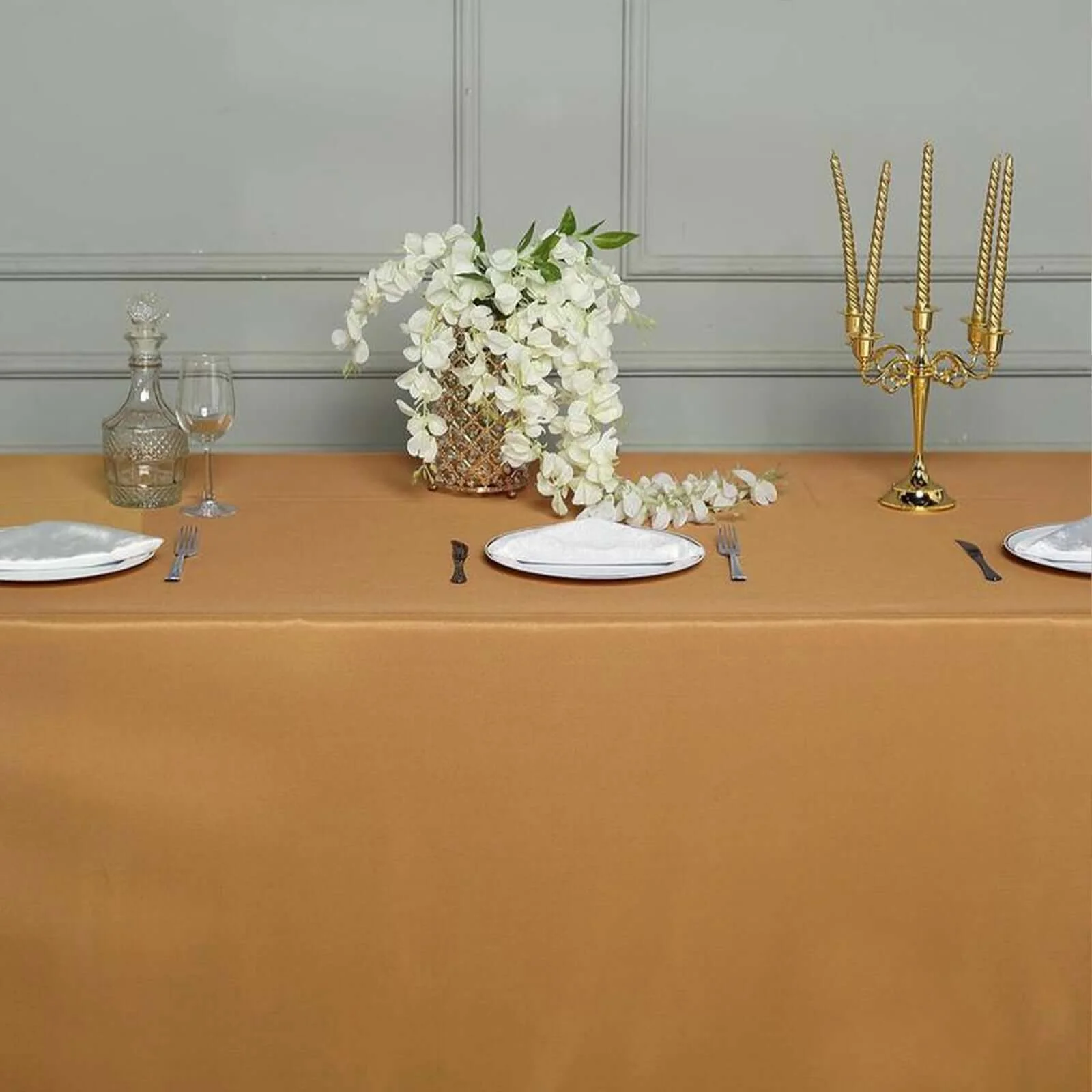 Polyester Rectangle Tablecloth 90"x132" Gold with Seamless Finish - Sophisticated Style for Wedding Receptions - Image 3