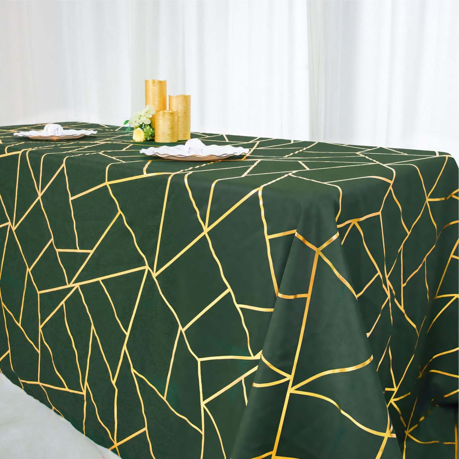 Polyester Rectangle Tablecloth 90"x132" Hunter Emerald Green with Gold Foil Geometric Pattern - Seamless & Wrinkle-Resistant Table Cover - Image 2