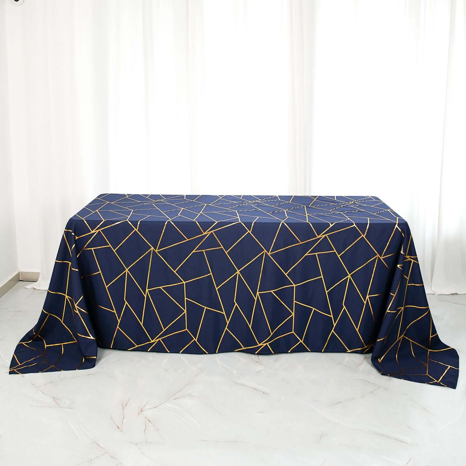 Polyester Rectangle Tablecloth 90"x132" Navy Blue with Gold Foil Geometric Pattern - Seamless & Wrinkle-Resistant Table Cover