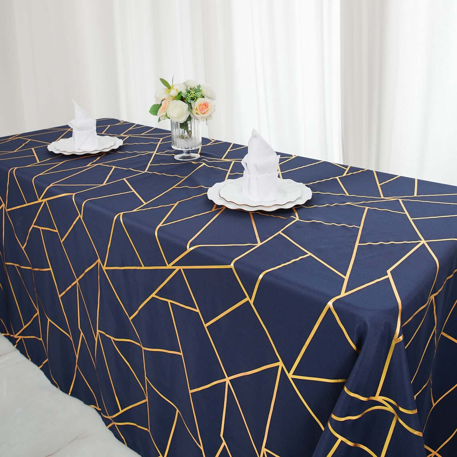 Polyester Rectangle Tablecloth 90"x132" Navy Blue with Gold Foil Geometric Pattern - Seamless & Wrinkle-Resistant Table Cover - Image 2