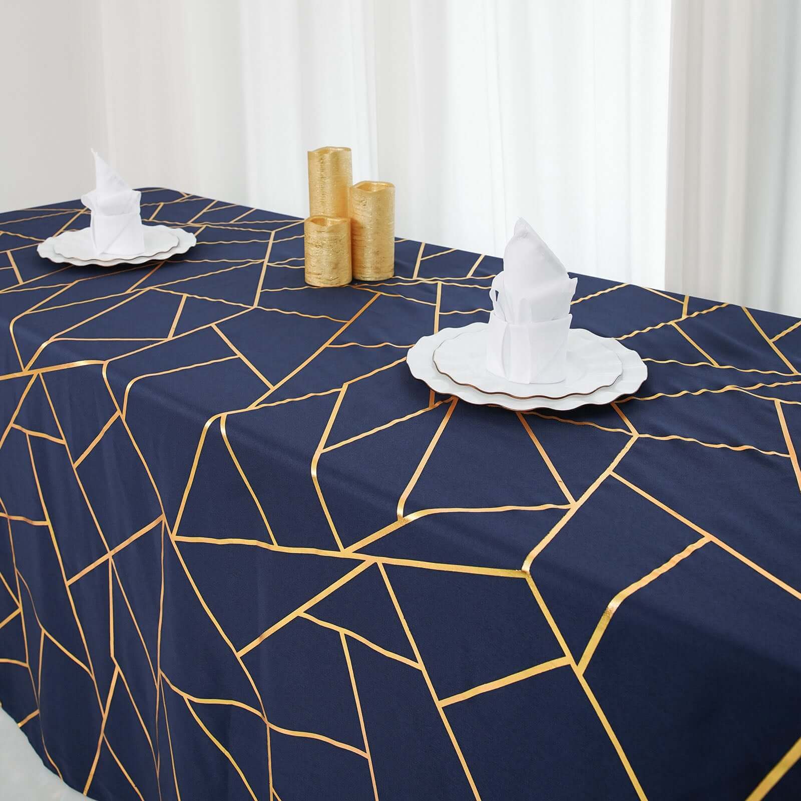 Polyester Rectangle Tablecloth 90"x132" Navy Blue with Gold Foil Geometric Pattern - Seamless & Wrinkle-Resistant Table Cover - Image 6