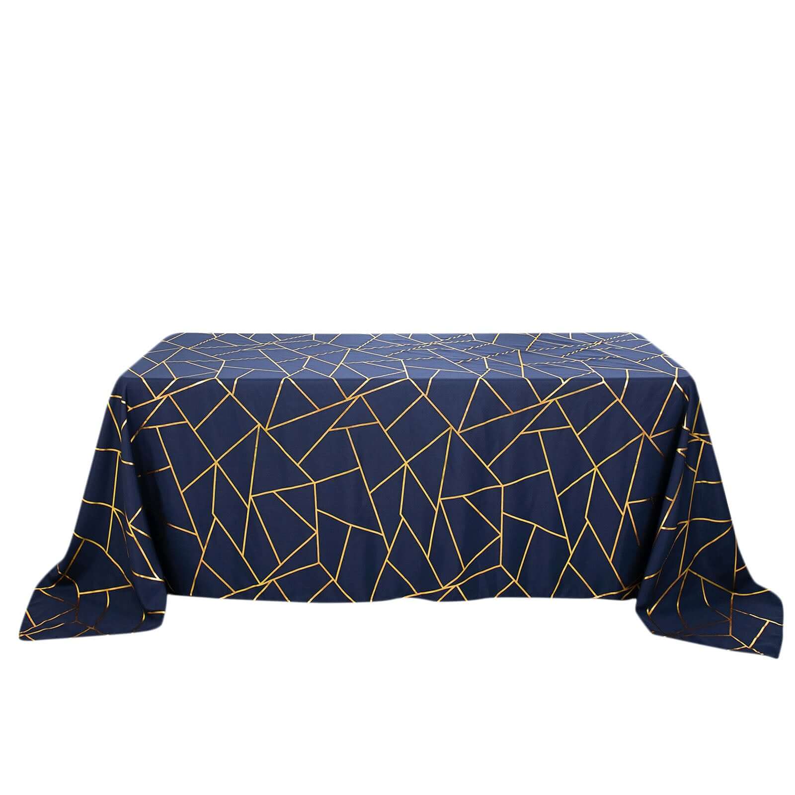 Polyester Rectangle Tablecloth 90"x132" Navy Blue with Gold Foil Geometric Pattern - Seamless & Wrinkle-Resistant Table Cover - Image 7