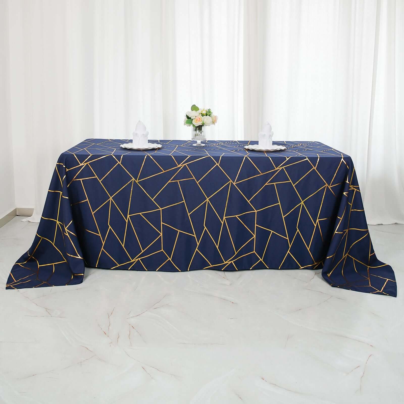 Polyester Rectangle Tablecloth 90"x132" Navy Blue with Gold Foil Geometric Pattern - Seamless & Wrinkle-Resistant Table Cover - Image 8