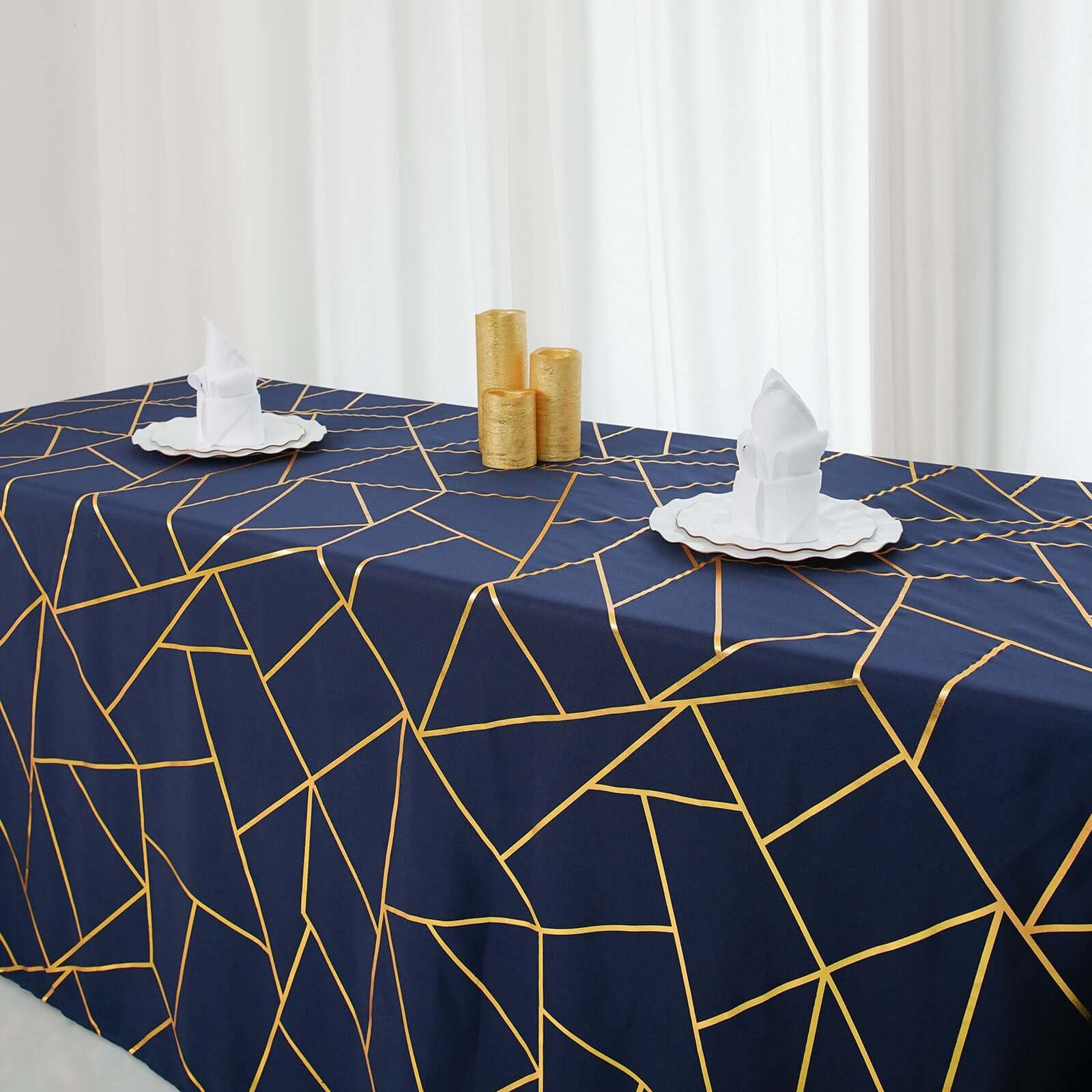 Polyester Rectangle Tablecloth 90"x132" Navy Blue with Gold Foil Geometric Pattern - Seamless & Wrinkle-Resistant Table Cover - Image 9