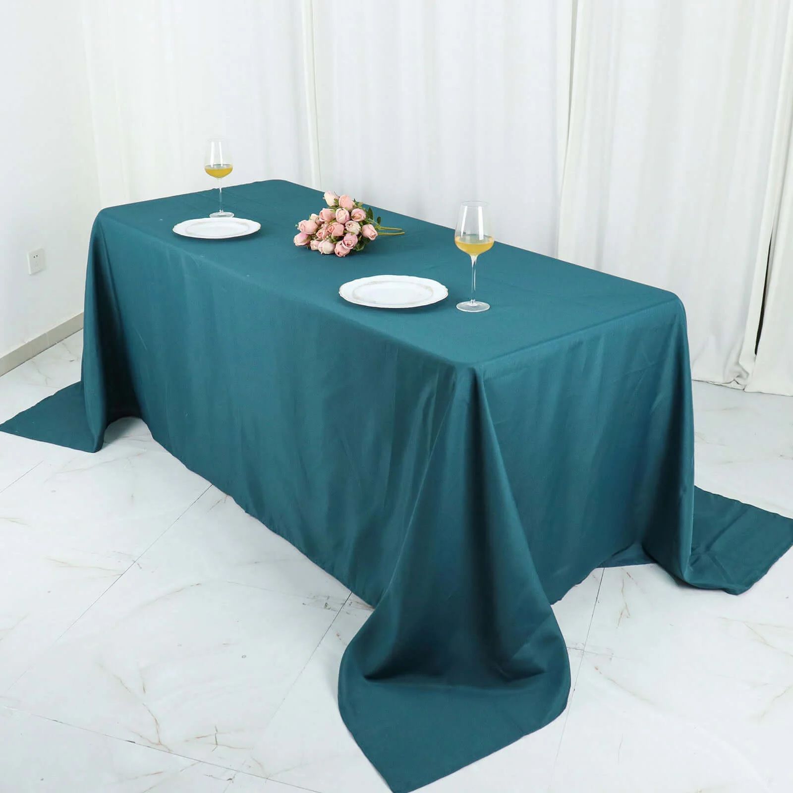 Polyester Rectangle Tablecloth 90"x132" Peacock Teal with Seamless Finish - Image 5