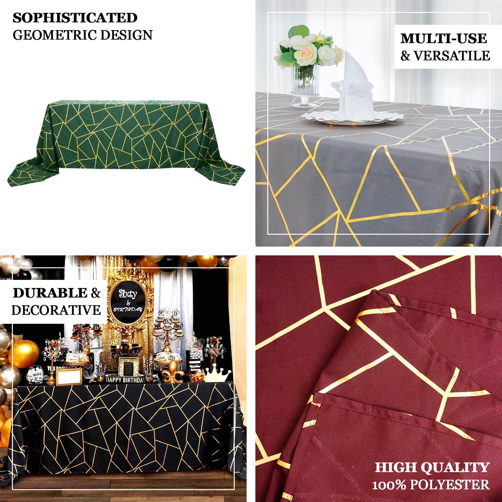 Polyester Rectangle Tablecloth 90"x132" Terracotta (Rust) with Gold Foil Geometric Pattern - Seamless & Wrinkle-Resistant Table Cover - Image 4