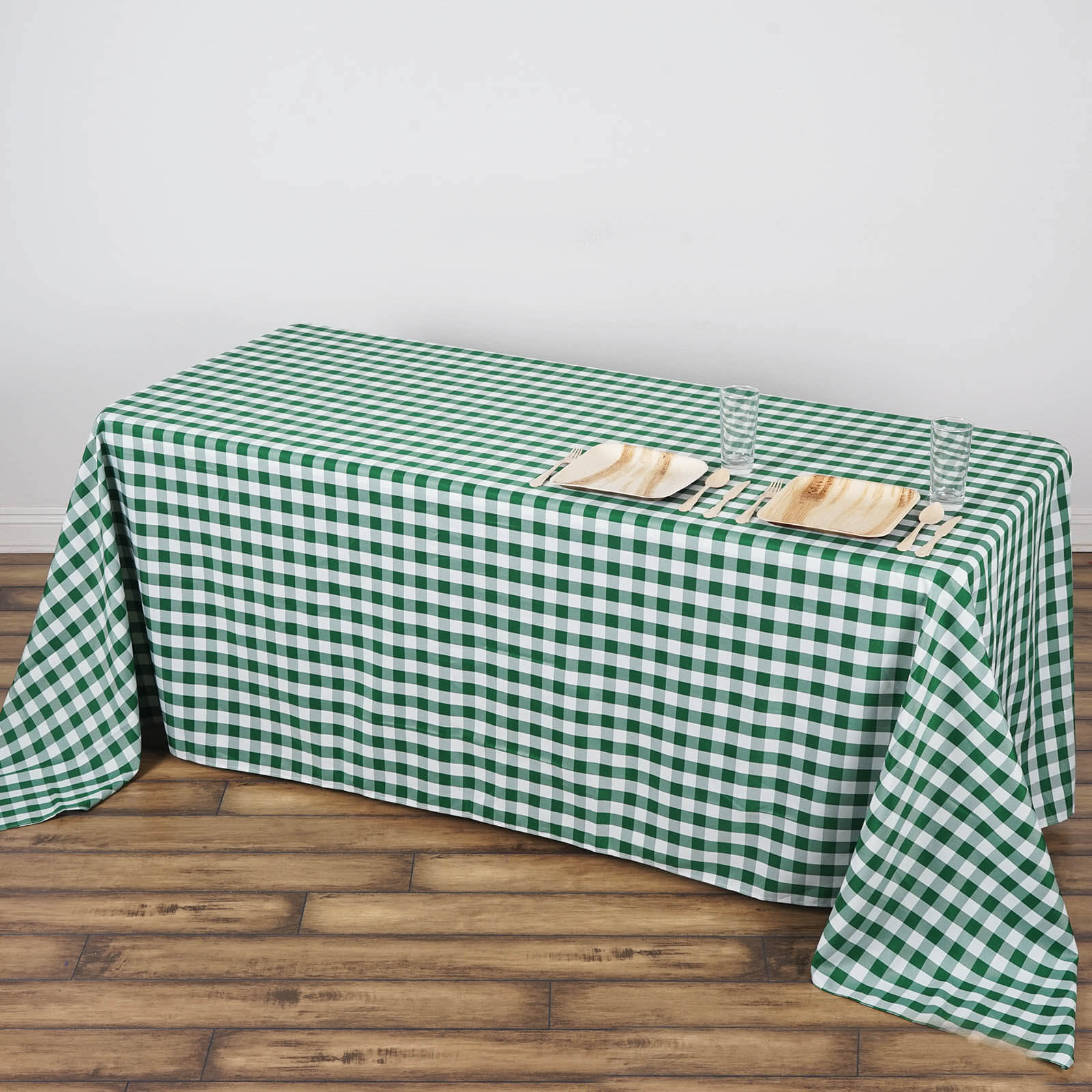 Polyester Rectangle Tablecloth 90"x132" White/Green Checkered Buffalo Plaid Table Cover - Image 2