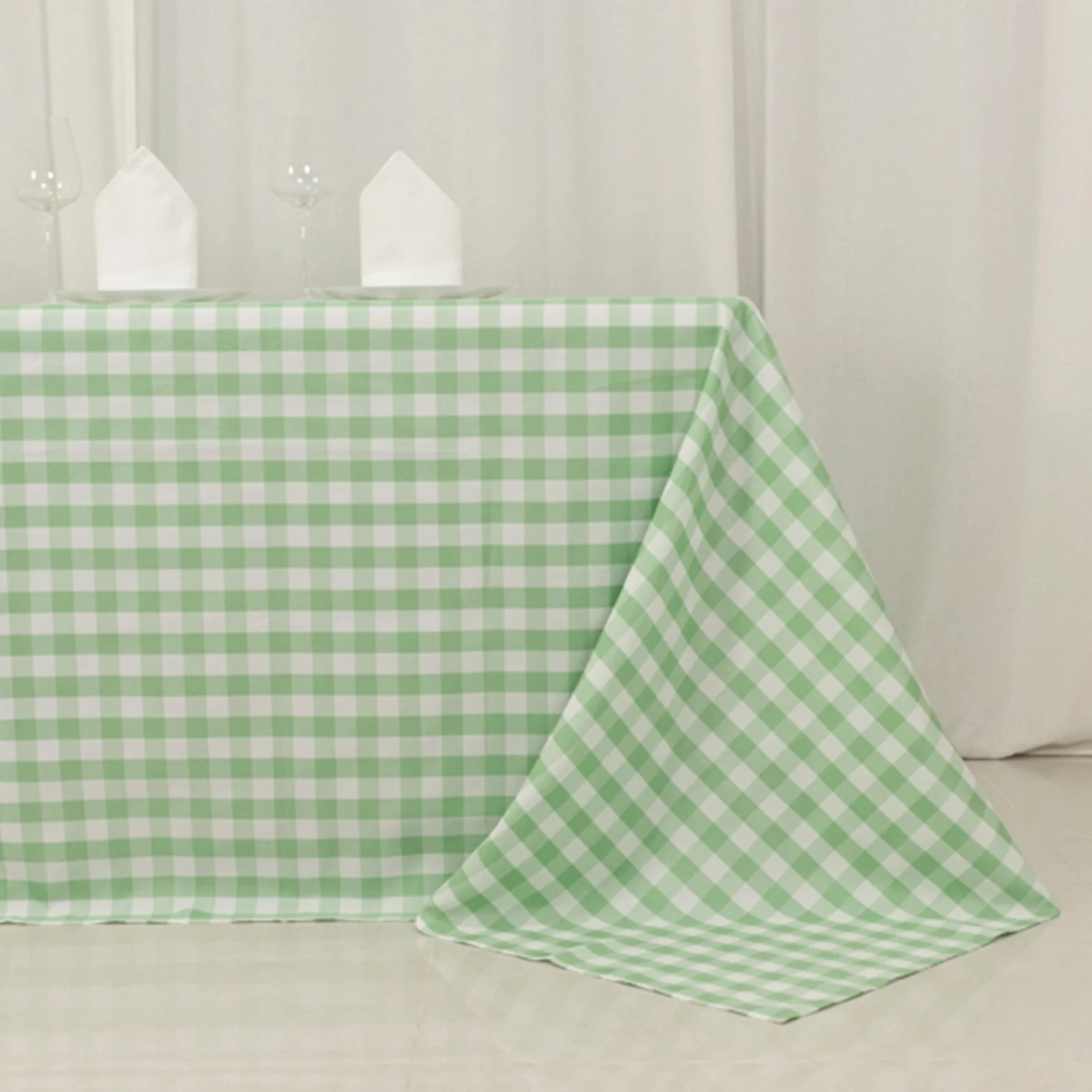 Polyester Rectangle Tablecloth 90"x132" White/Sage Green Checkered Buffalo Plaid Table Cover - Image 2