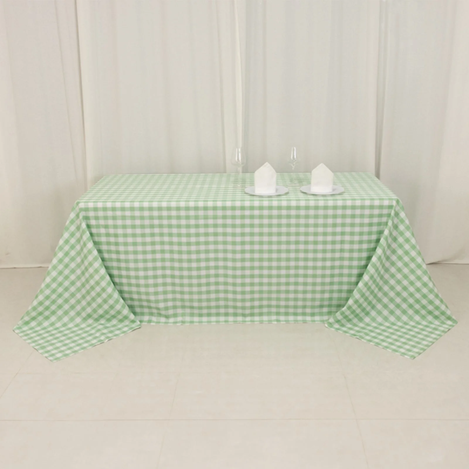 Polyester Rectangle Tablecloth 90"x132" White/Sage Green Checkered Buffalo Plaid Table Cover - Image 6