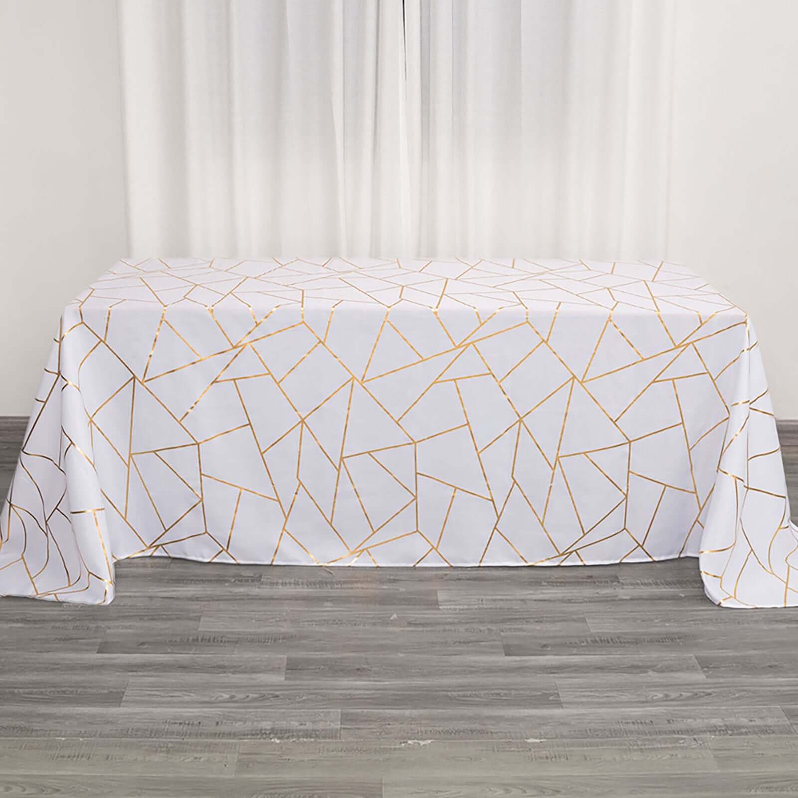 Polyester Rectangle Tablecloth 90"x132" White with Gold Foil Geometric Pattern - Seamless and Wrinkle-Resistant Table Cover for Sophisticated Weddings & Events
