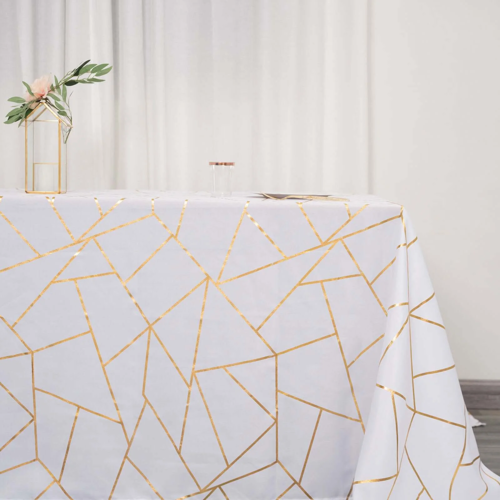 Polyester Rectangle Tablecloth 90"x132" White with Gold Foil Geometric Pattern - Seamless and Wrinkle-Resistant Table Cover for Sophisticated Weddings & Events - Image 2