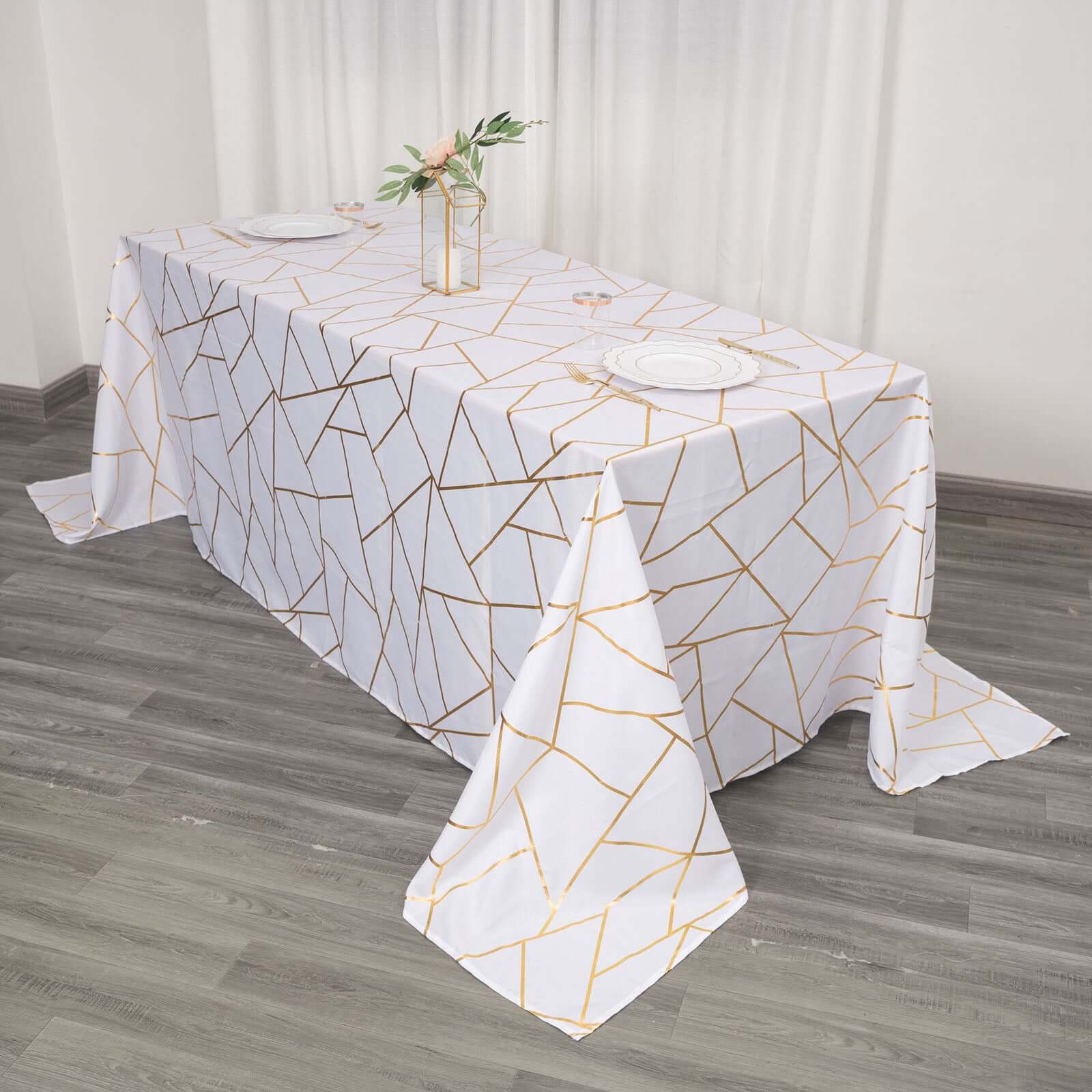 Polyester Rectangle Tablecloth 90"x132" White with Gold Foil Geometric Pattern - Seamless and Wrinkle-Resistant Table Cover for Sophisticated Weddings & Events - Image 3