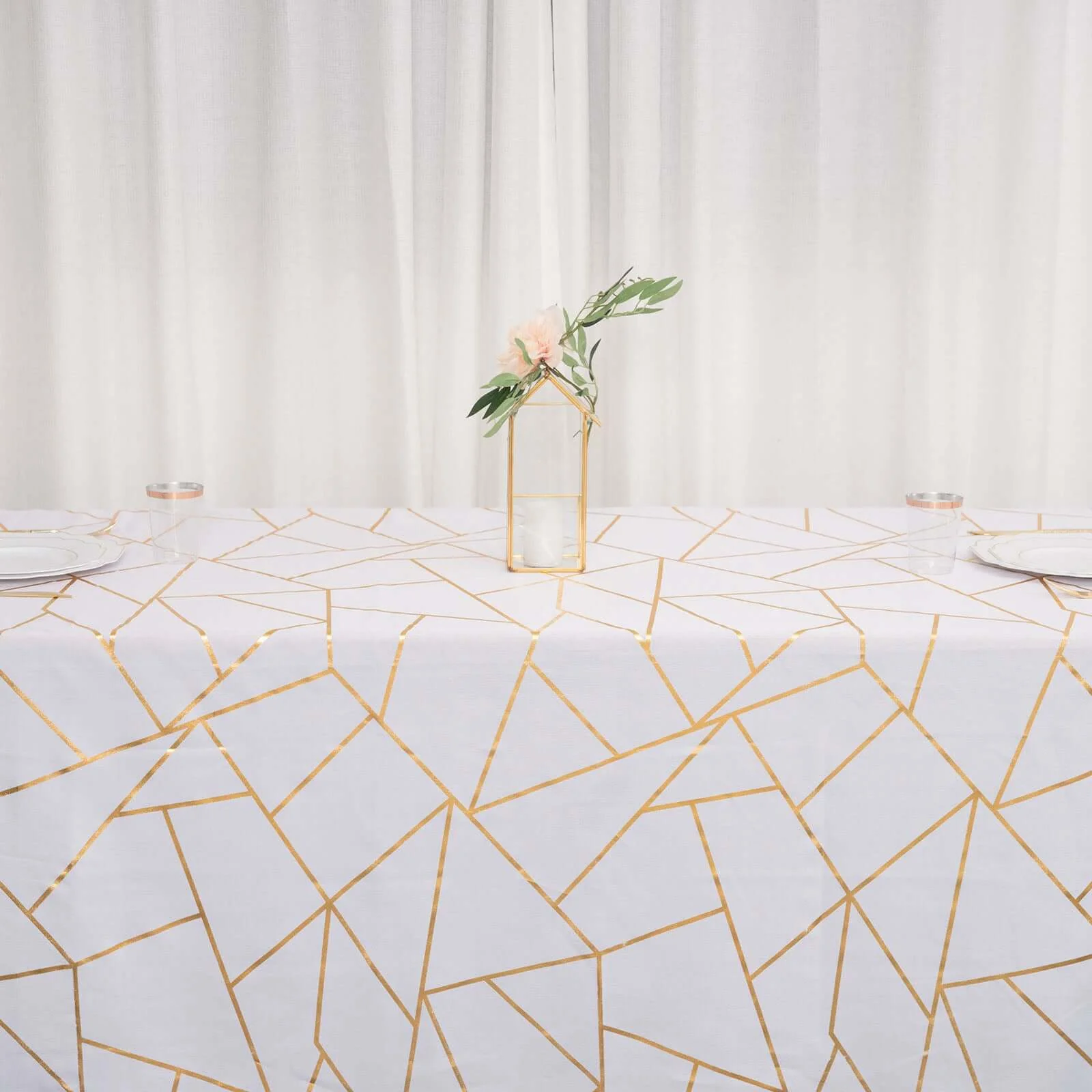 Polyester Rectangle Tablecloth 90"x132" White with Gold Foil Geometric Pattern - Seamless and Wrinkle-Resistant Table Cover for Sophisticated Weddings & Events - Image 6