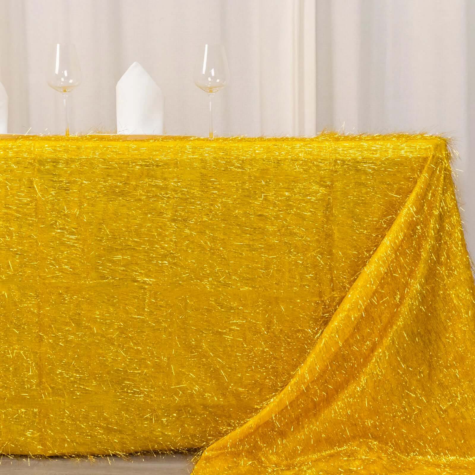 Polyester Rectangle Tablecloth 90"x156" Gold Metallic Fringe Shag Tinsel Design - Dazzling Table Cover for Upscale Events - Image 10