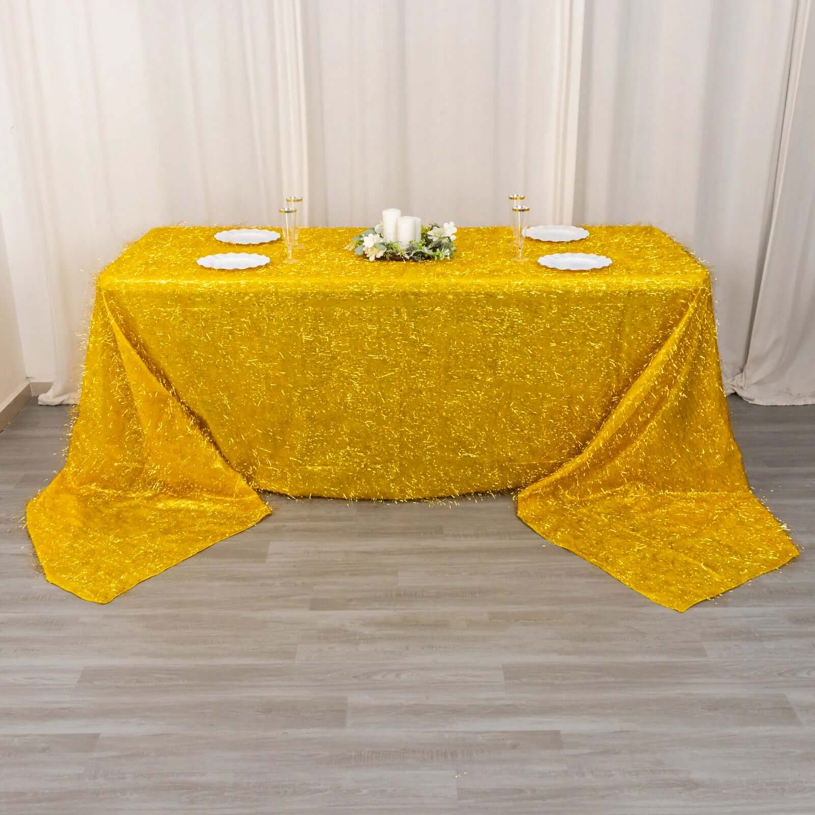 Polyester Rectangle Tablecloth 90"x156" Gold Metallic Fringe Shag Tinsel Design - Dazzling Table Cover for Upscale Events - Image 4
