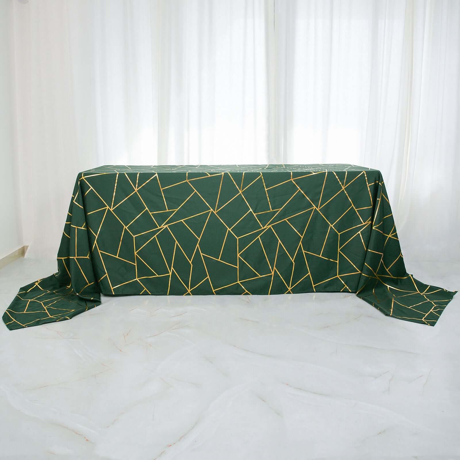 Polyester Rectangle Tablecloth 90"x156" Hunter Emerald Green with Gold Foil Geometric Pattern - Seamless & Wrinkle-Resistant Table Cover