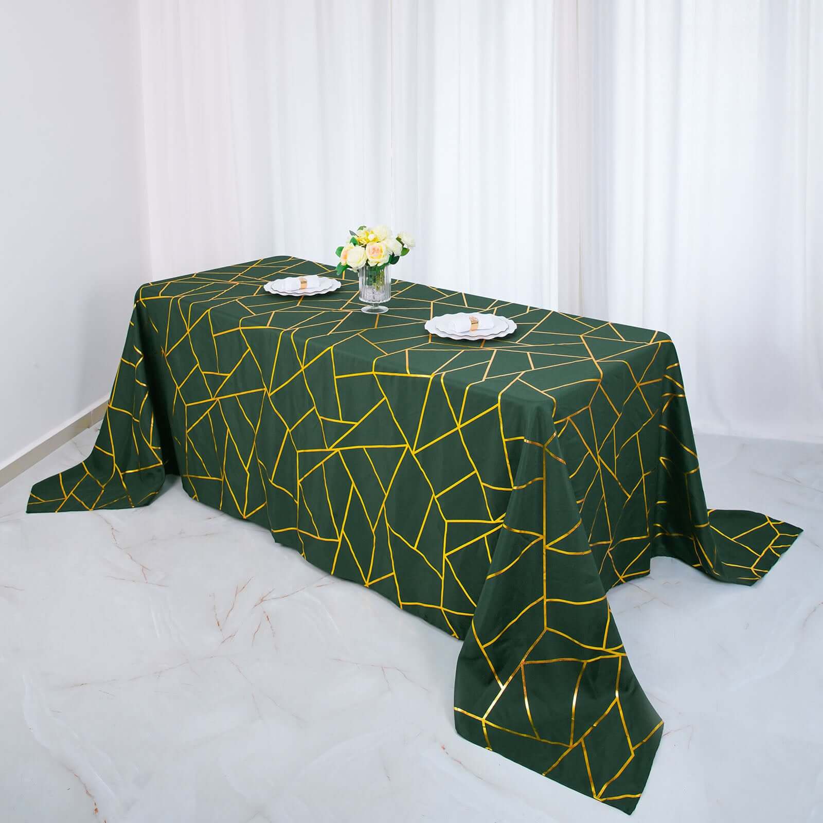 Polyester Rectangle Tablecloth 90"x156" Hunter Emerald Green with Gold Foil Geometric Pattern - Seamless & Wrinkle-Resistant Table Cover - Image 3