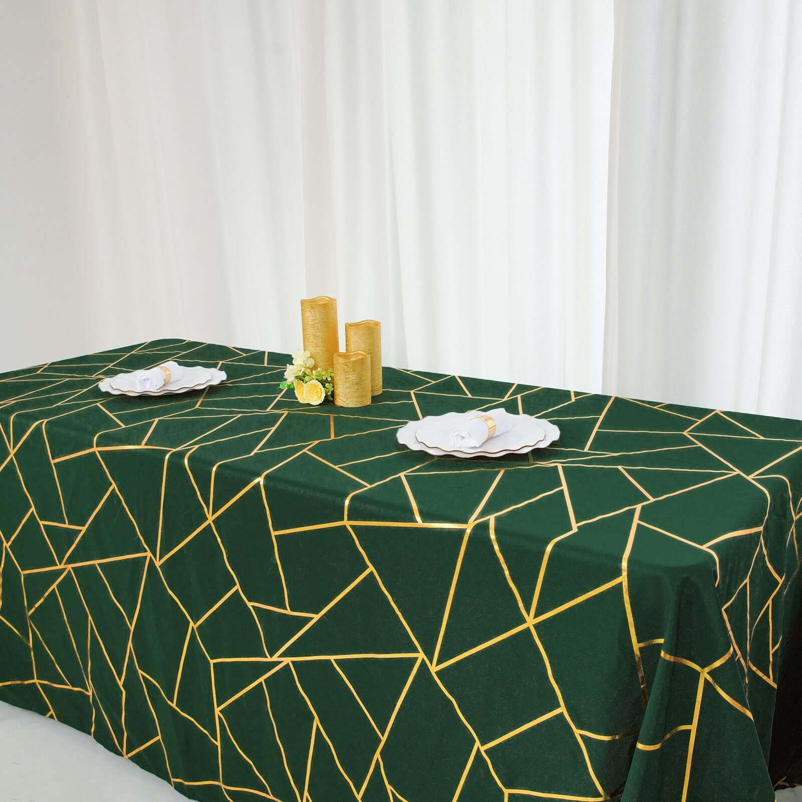 Polyester Rectangle Tablecloth 90"x156" Hunter Emerald Green with Gold Foil Geometric Pattern - Seamless & Wrinkle-Resistant Table Cover - Image 6