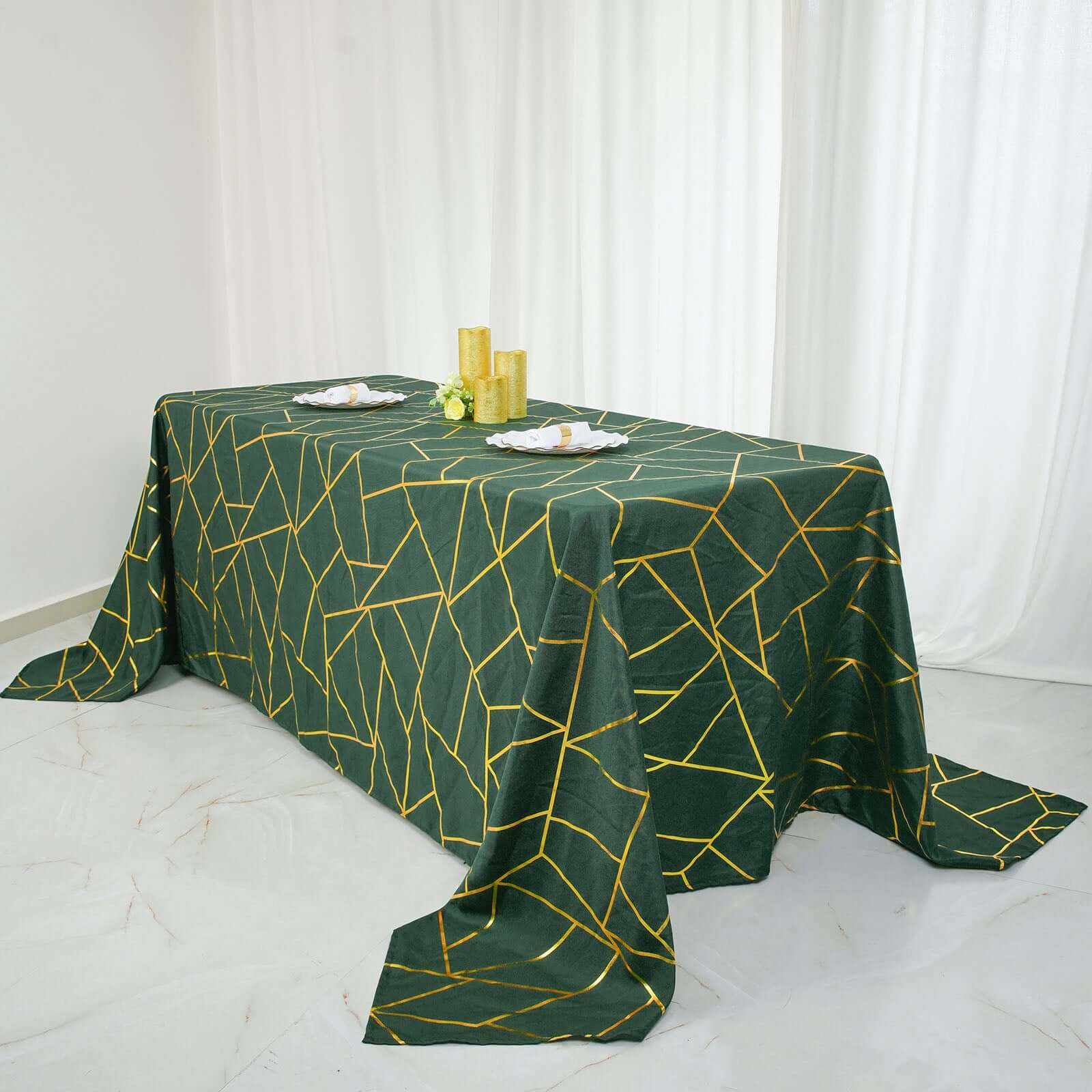 Polyester Rectangle Tablecloth 90"x156" Hunter Emerald Green with Gold Foil Geometric Pattern - Seamless & Wrinkle-Resistant Table Cover - Image 8