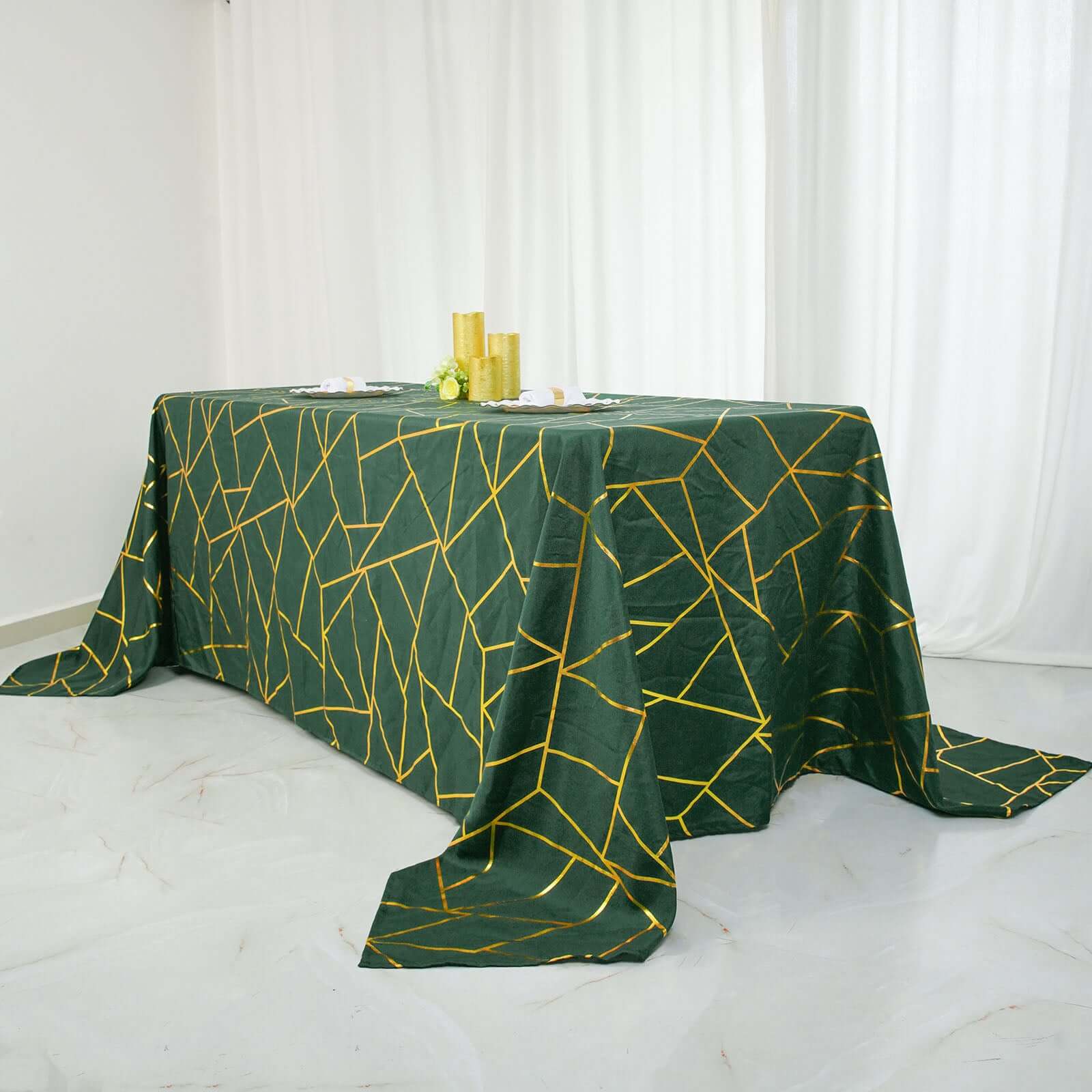 Polyester Rectangle Tablecloth 90"x156" Hunter Emerald Green with Gold Foil Geometric Pattern - Seamless & Wrinkle-Resistant Table Cover - Image 9