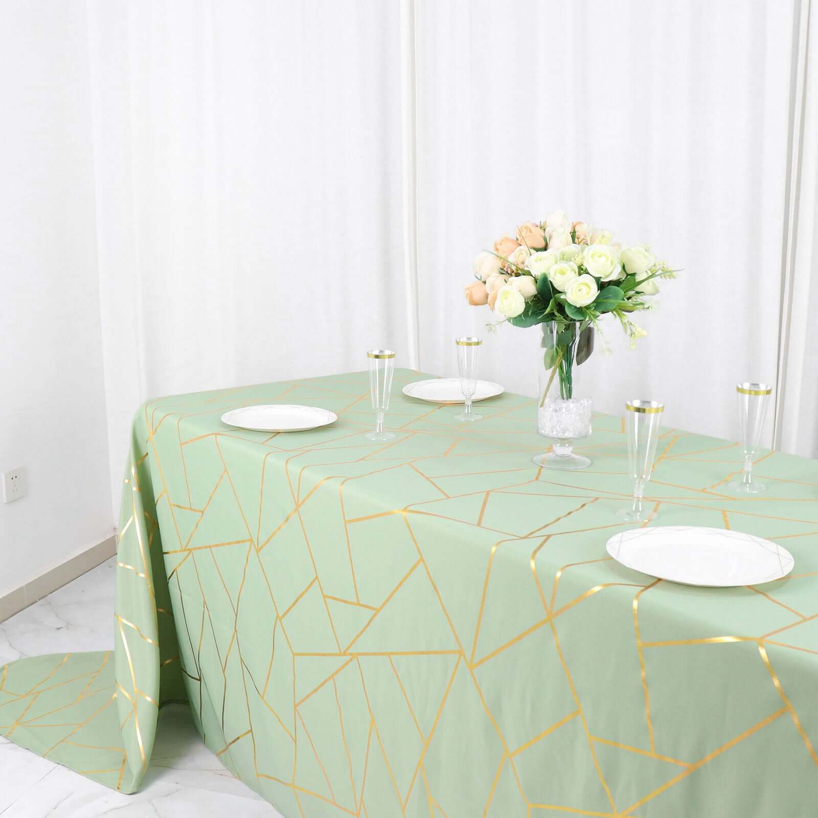 Polyester Rectangle Tablecloth 90"x156" Sage Green with Gold Foil Geometric Pattern - Seamless & Wrinkle-Resistant Table Cover - Image 2