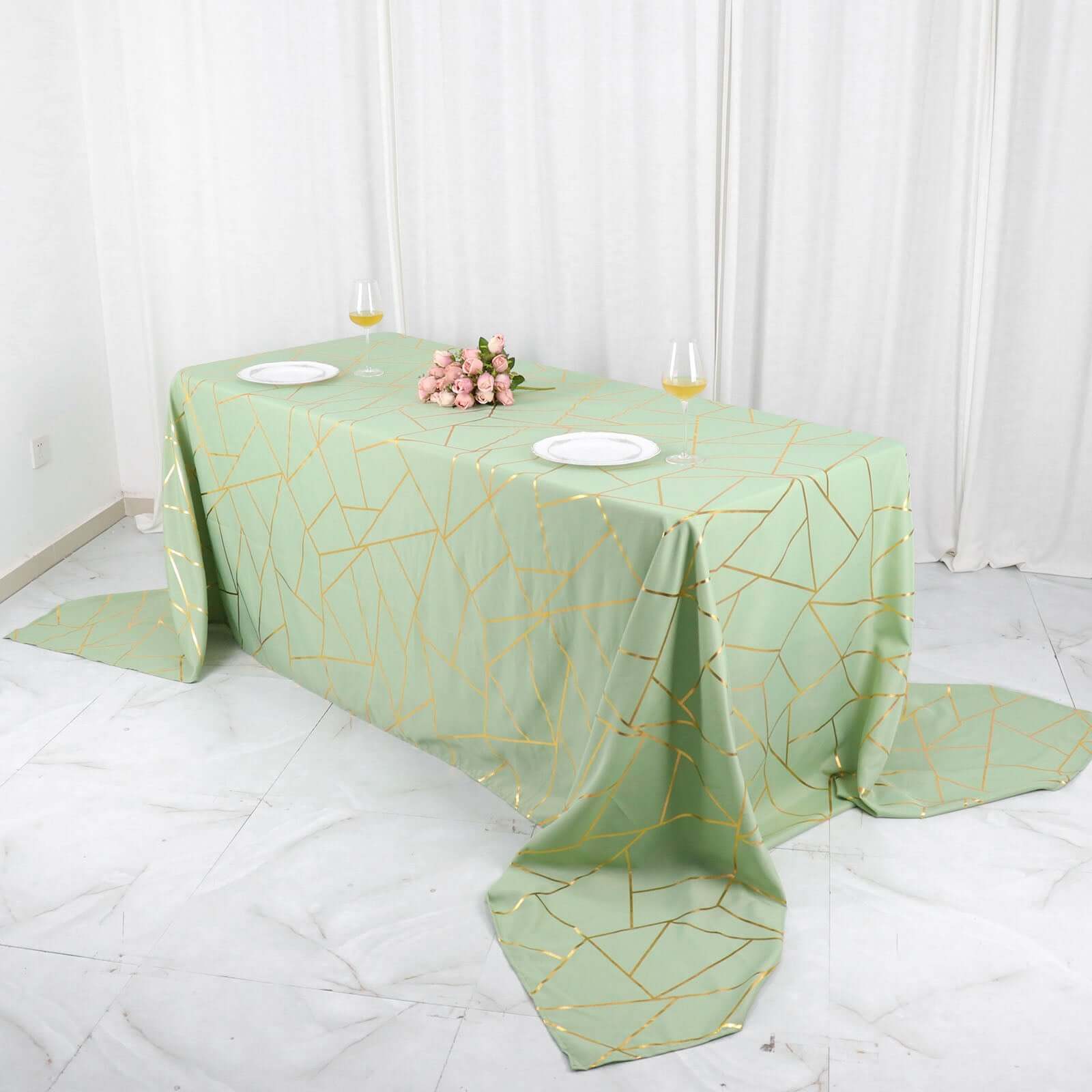 Polyester Rectangle Tablecloth 90"x156" Sage Green with Gold Foil Geometric Pattern - Seamless & Wrinkle-Resistant Table Cover - Image 3