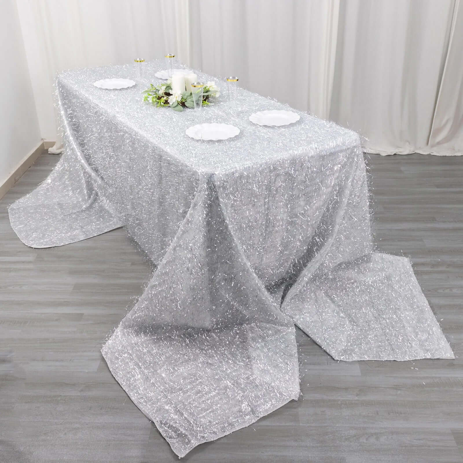 Polyester Rectangle Tablecloth 90"x156" Silver Metallic Fringe Shag Tinsel Table Cover - Image 5