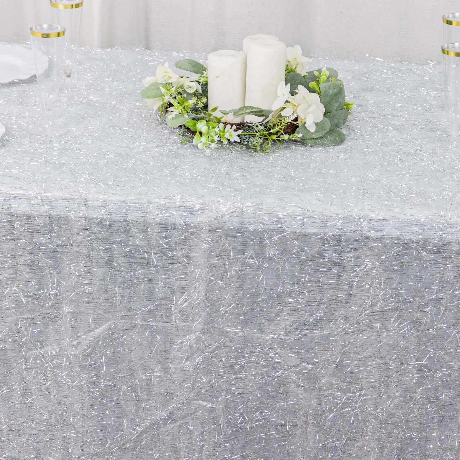 Polyester Rectangle Tablecloth 90"x156" Silver Metallic Fringe Shag Tinsel Table Cover - Image 7