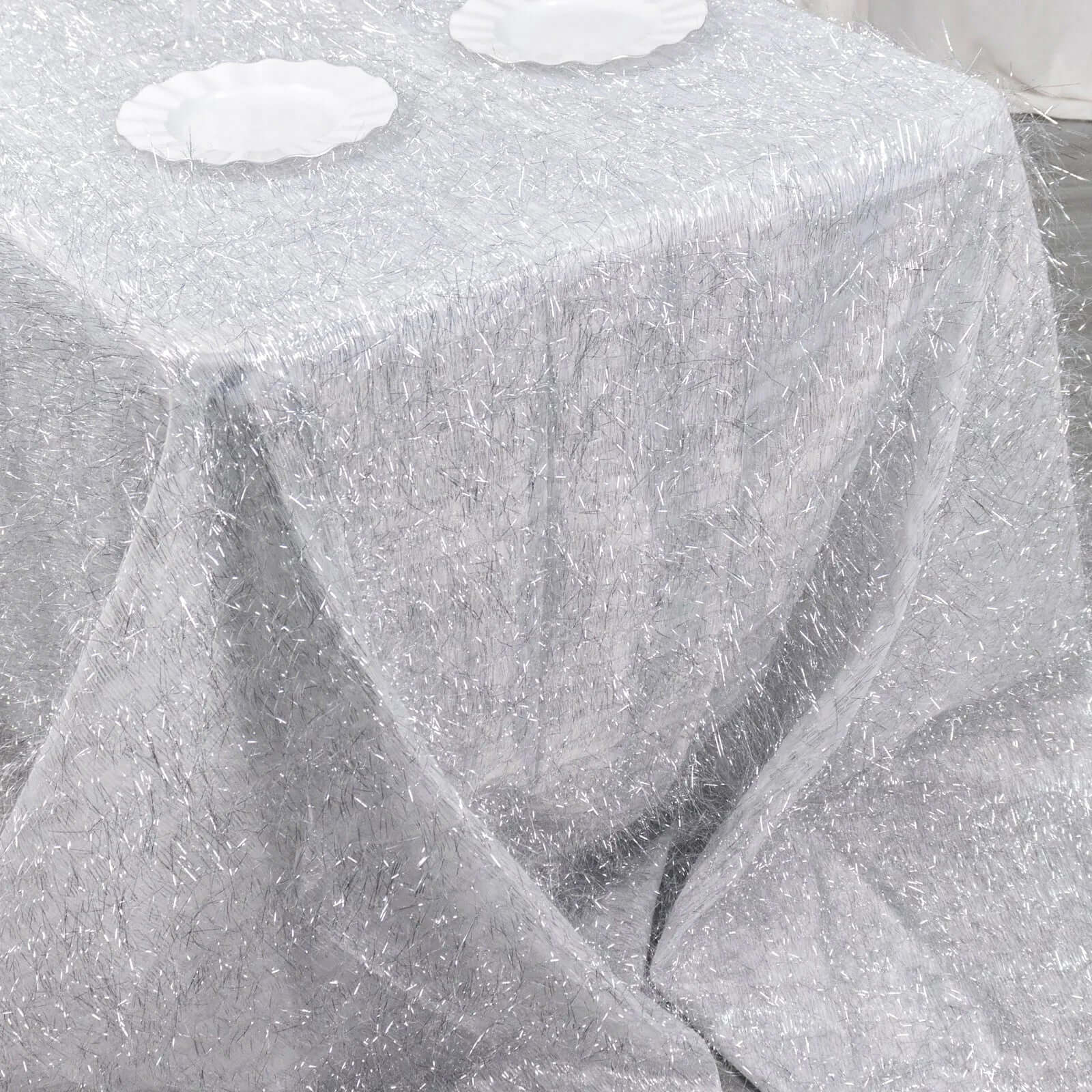Polyester Rectangle Tablecloth 90"x156" Silver Metallic Fringe Shag Tinsel Table Cover - Image 9