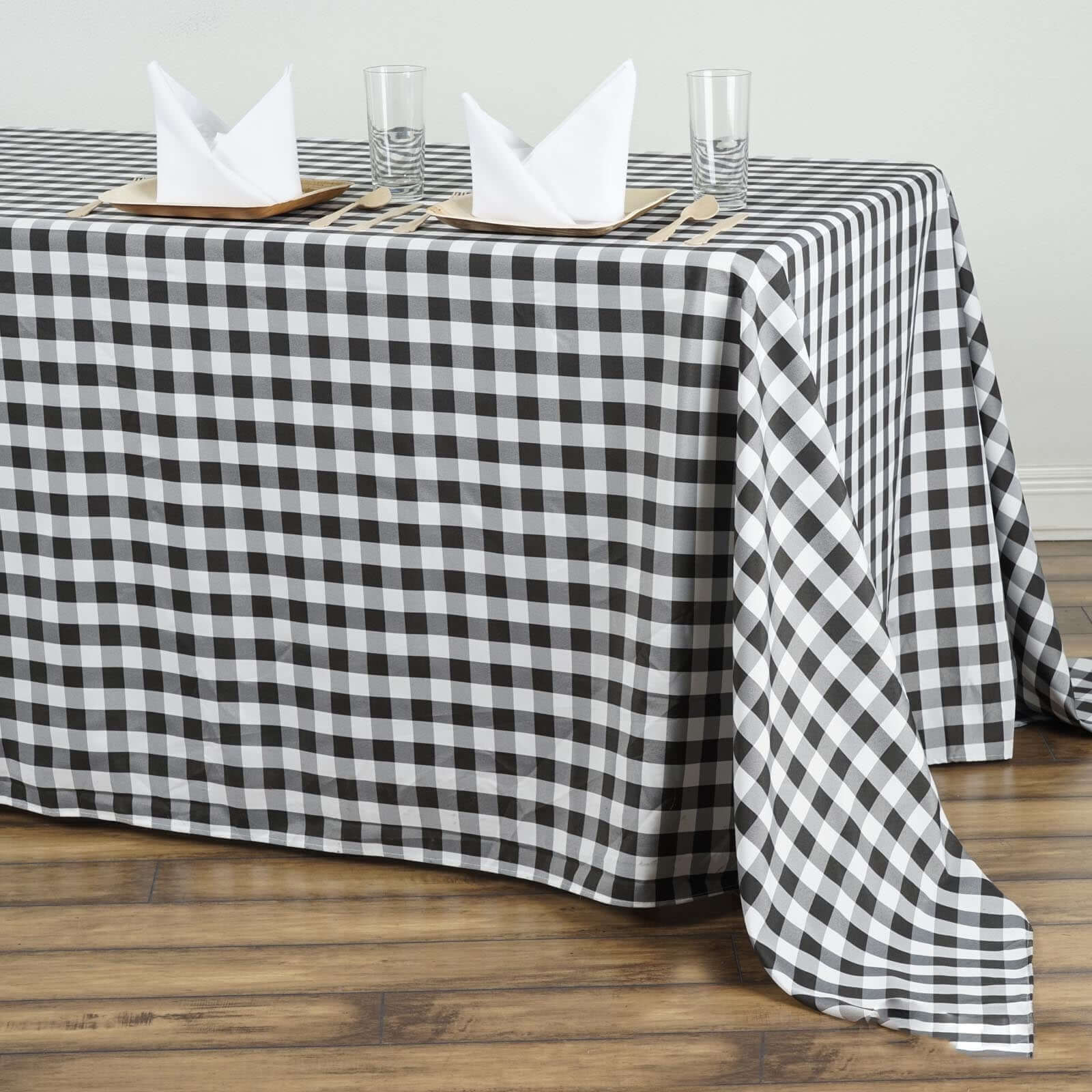 Polyester Rectangle Tablecloth 90"x156" White/Black Checkered Buffalo Plaid Design - Seamless Table Cover - Image 2