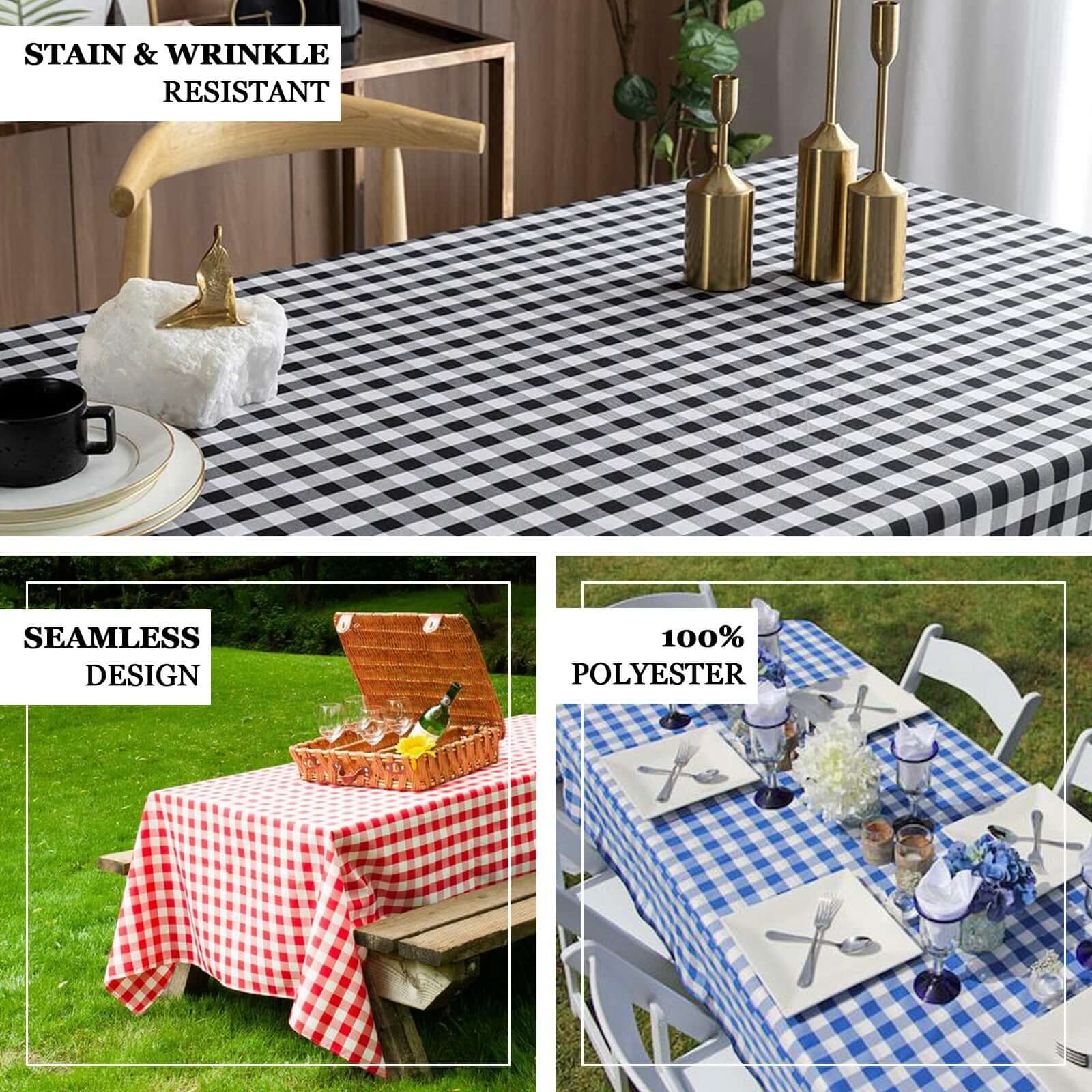 Polyester Rectangle Tablecloth 90"x156" White/Black Checkered Buffalo Plaid Design - Seamless Table Cover - Image 4