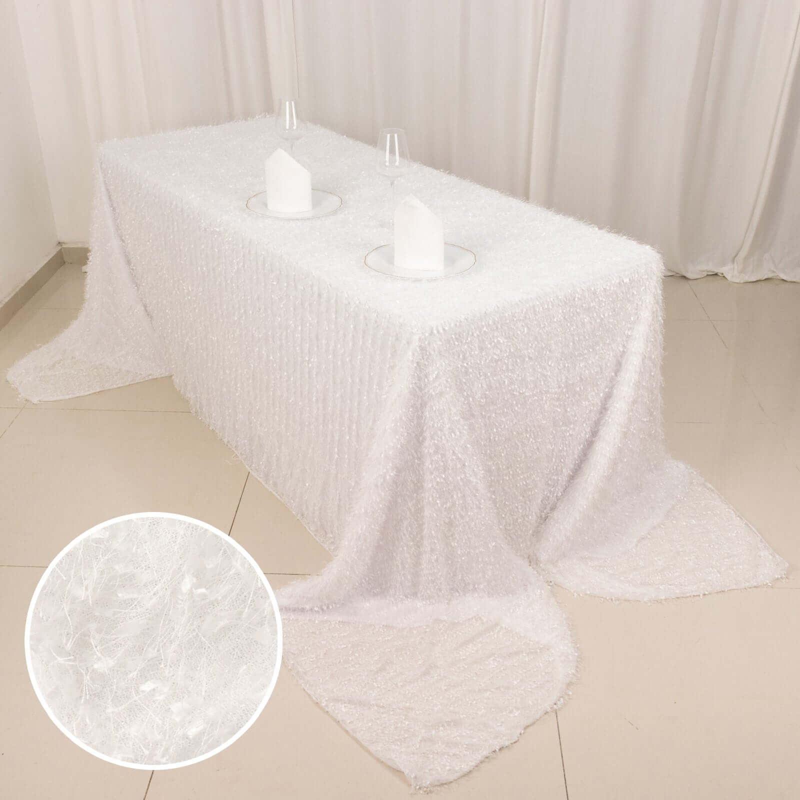 Polyester Rectangle Tablecloth 90"x156" White Fringe Shag Design - Ultra Soft Hypoallergenic Table Cover for Weddings & Events - Image 3