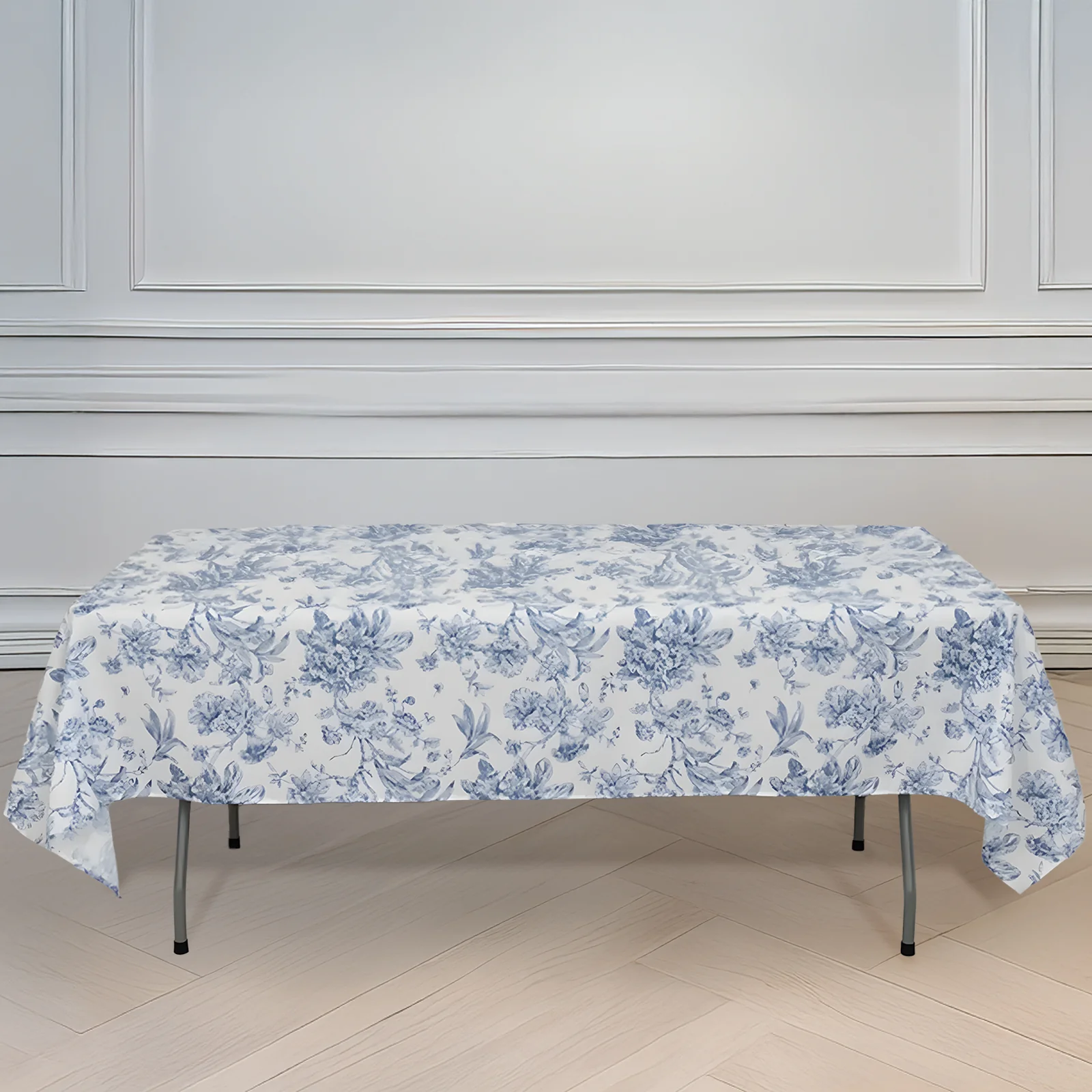 Polyester Rectangular Tablecloth 60"x102" White with Blue French Toile Pattern - Sophisticated Table Cover for Chic Weddings & Events
