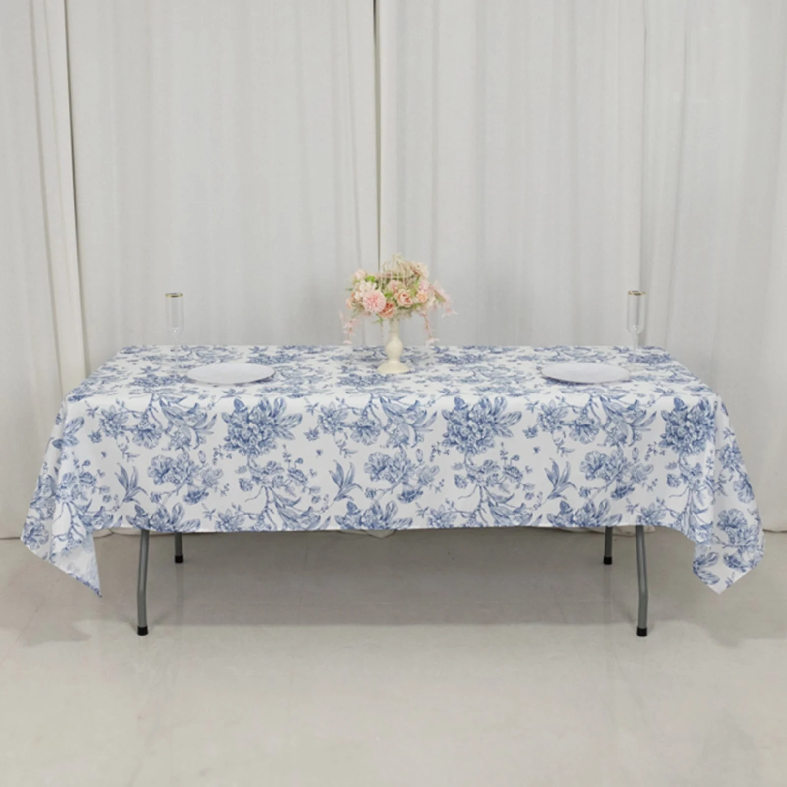 Polyester Rectangular Tablecloth 60"x102" White with Blue French Toile Pattern - Sophisticated Table Cover for Chic Weddings & Events - Image 10