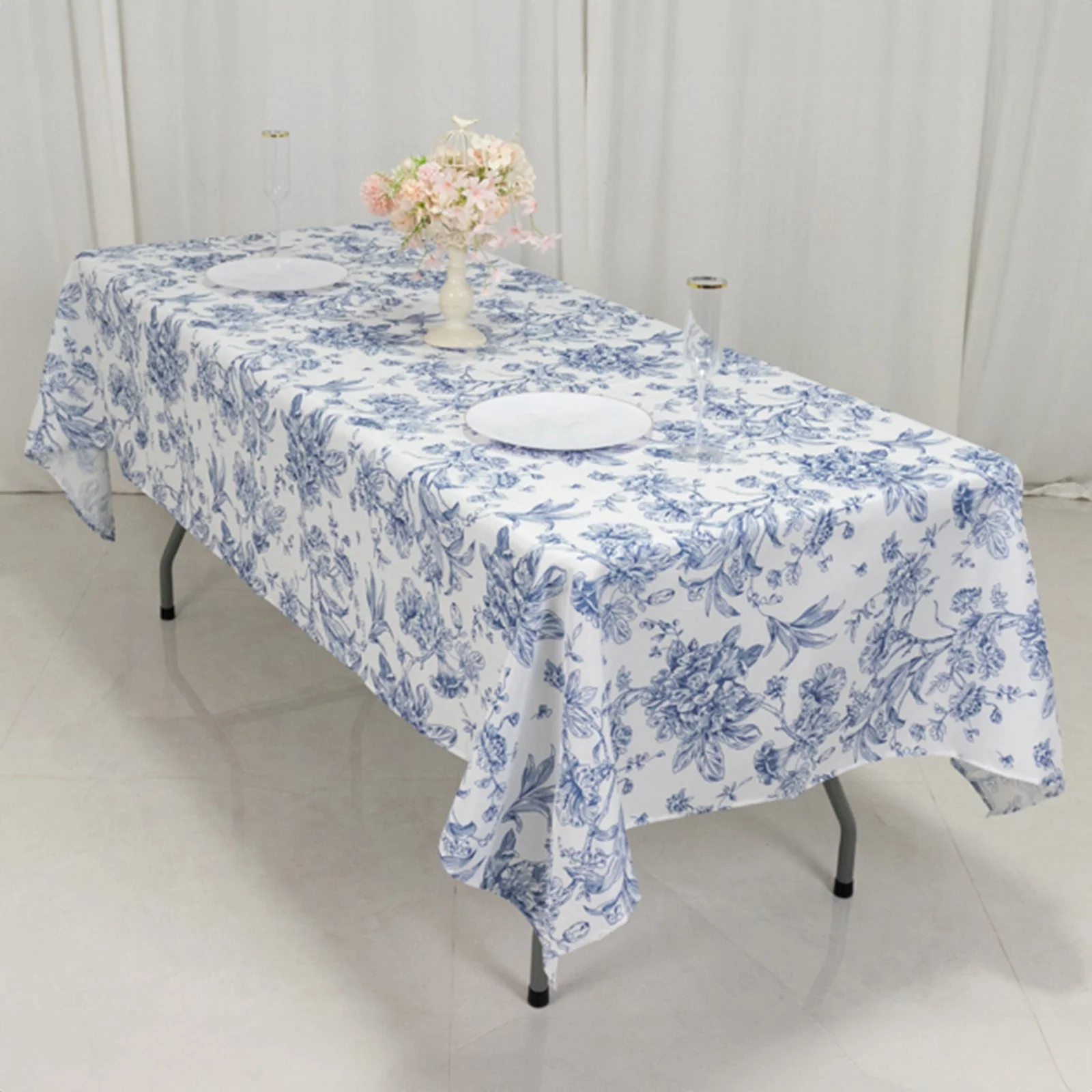 Polyester Rectangular Tablecloth 60"x102" White with Blue French Toile Pattern - Sophisticated Table Cover for Chic Weddings & Events - Image 6