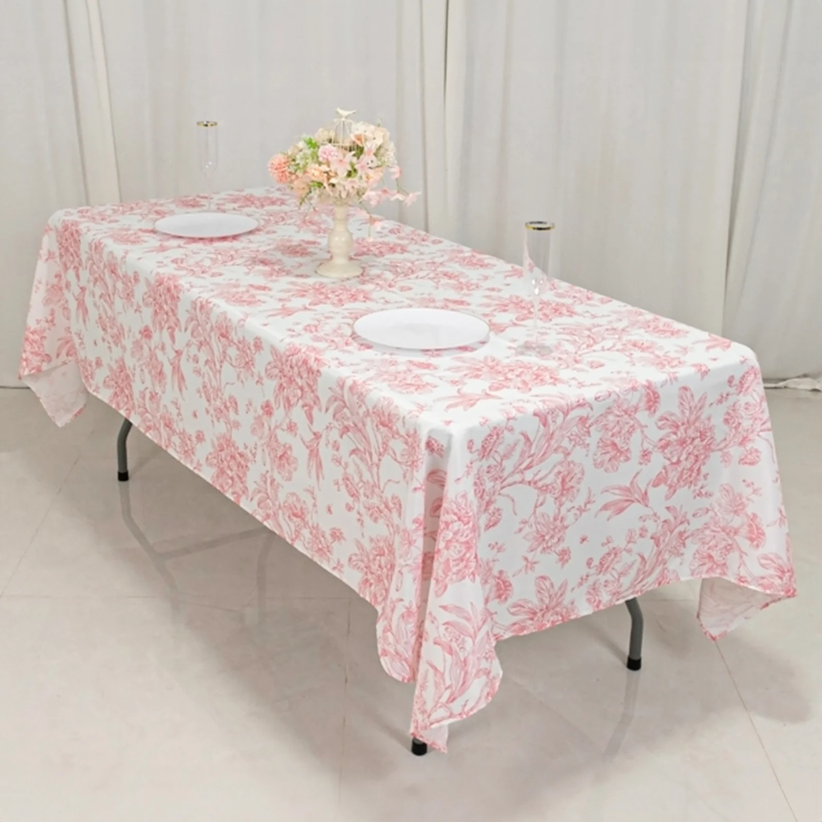 Polyester Rectangular Tablecloth 60"x102" White with Pink French Toile Pattern - Sophisticated Table Cover for Chic Weddings & Events - Image 10