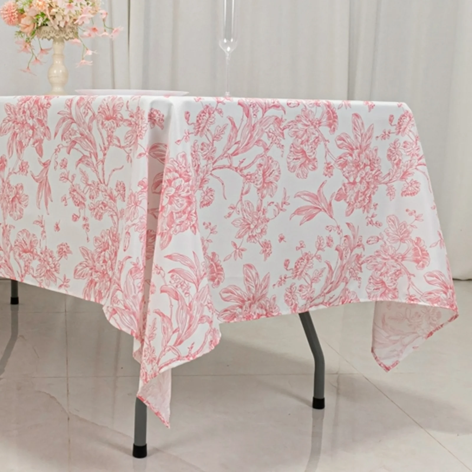 Polyester Rectangular Tablecloth 60"x102" White with Pink French Toile Pattern - Sophisticated Table Cover for Chic Weddings & Events - Image 6