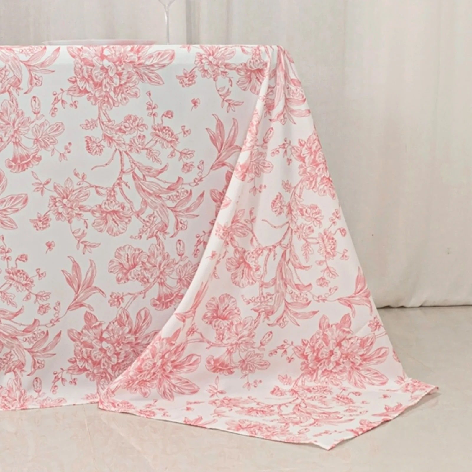 Polyester Rectangular Tablecloth 90"x132" White with Pink French Toile Pattern - Sophisticated Seamless Table Cover for Chic Weddings & Events - Image 2