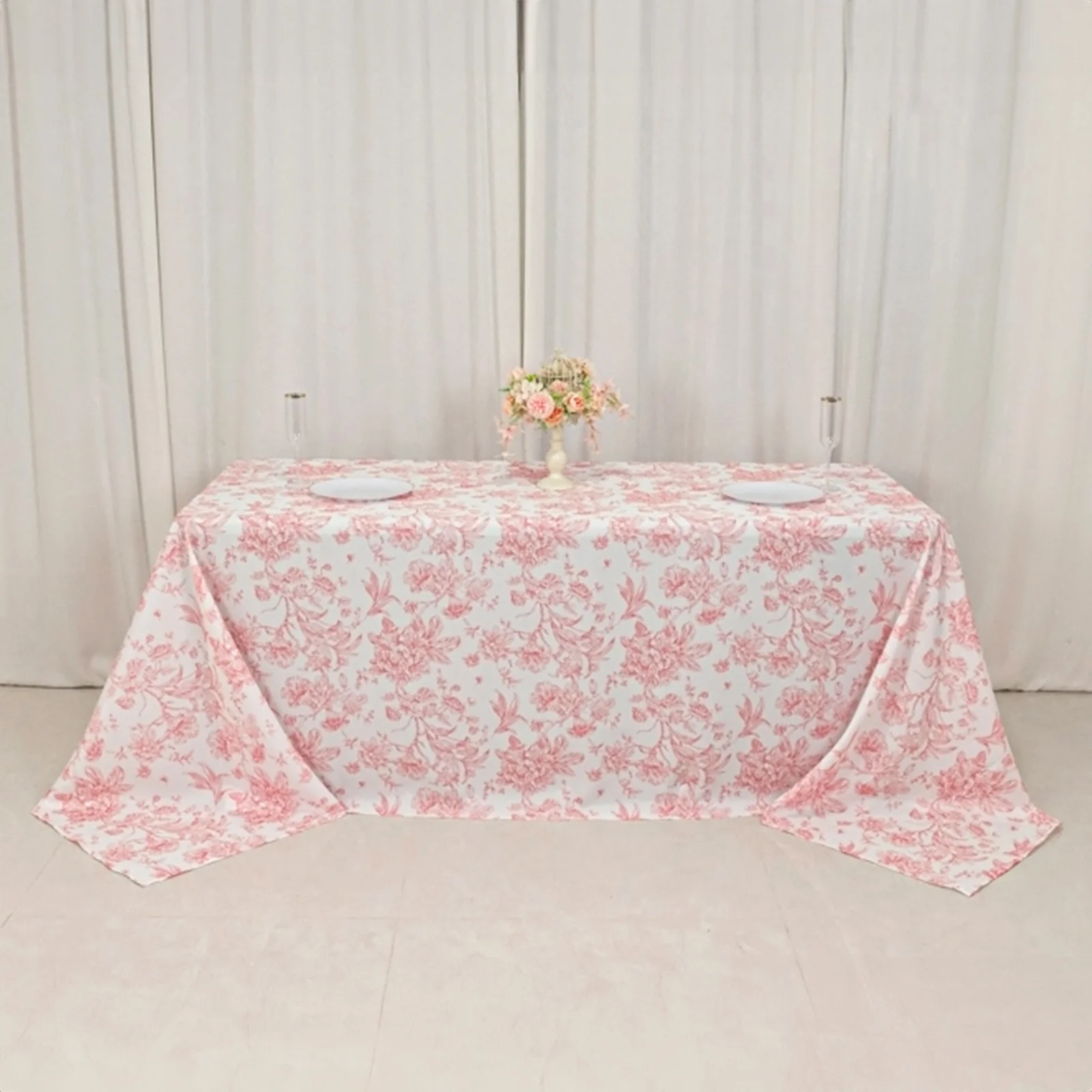 Polyester Rectangular Tablecloth 90"x132" White with Pink French Toile Pattern - Sophisticated Seamless Table Cover for Chic Weddings & Events - Image 5