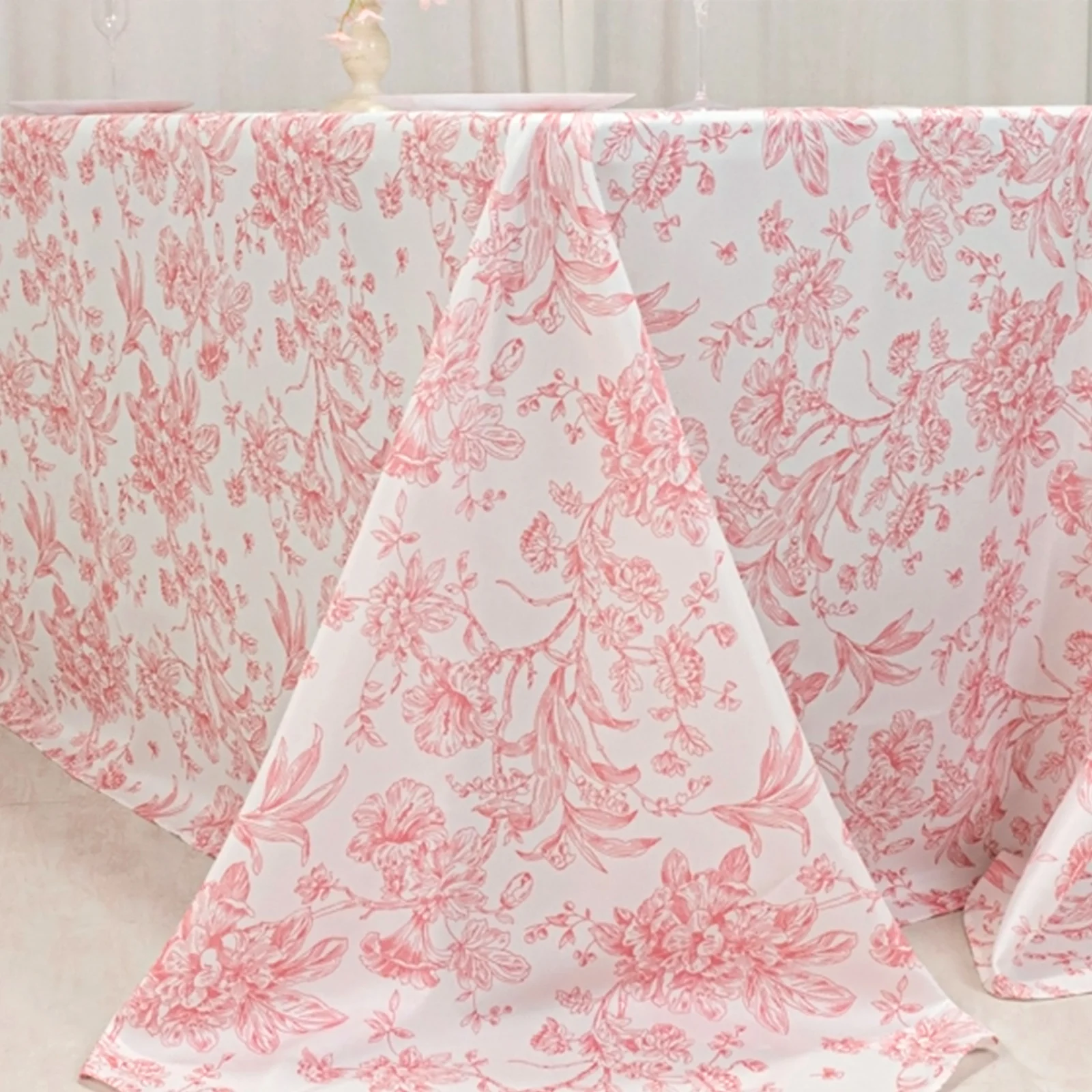 Polyester Rectangular Tablecloth 90"x132" White with Pink French Toile Pattern - Sophisticated Seamless Table Cover for Chic Weddings & Events - Image 7