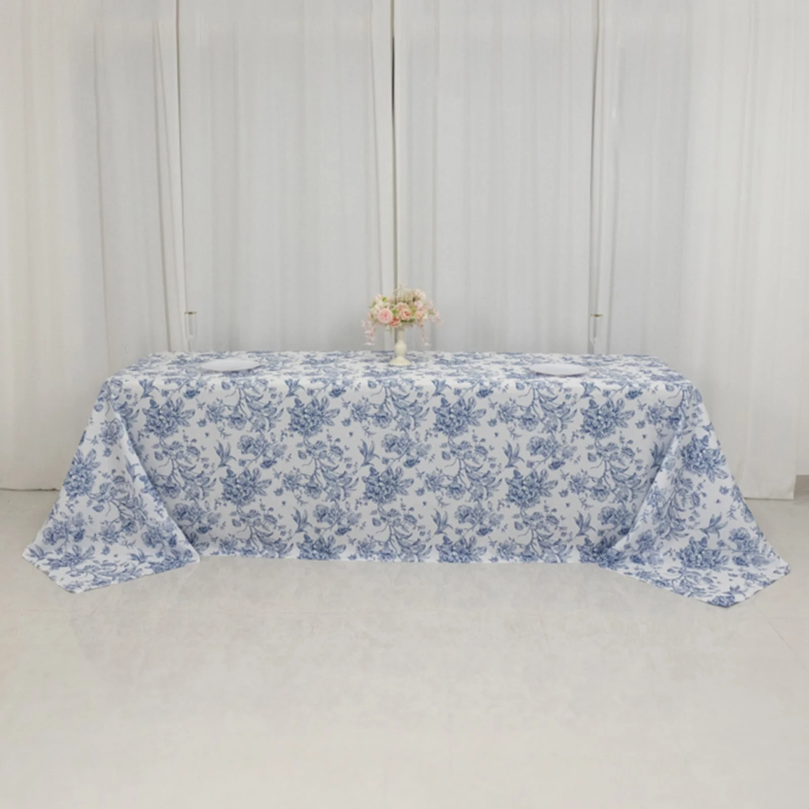 Polyester Rectangular Tablecloth 90"x156" White with Blue French Toile Pattern - Sophisticated Seamless Table Cover for Chic Weddings & Events - Image 10