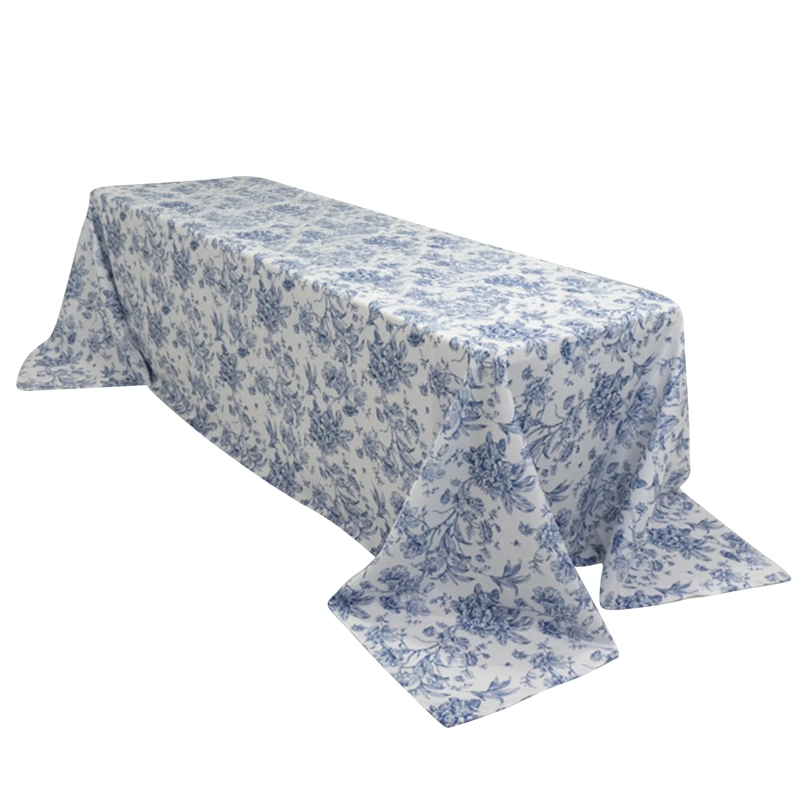 Polyester Rectangular Tablecloth 90"x156" White with Blue French Toile Pattern - Sophisticated Seamless Table Cover for Chic Weddings & Events - Image 3