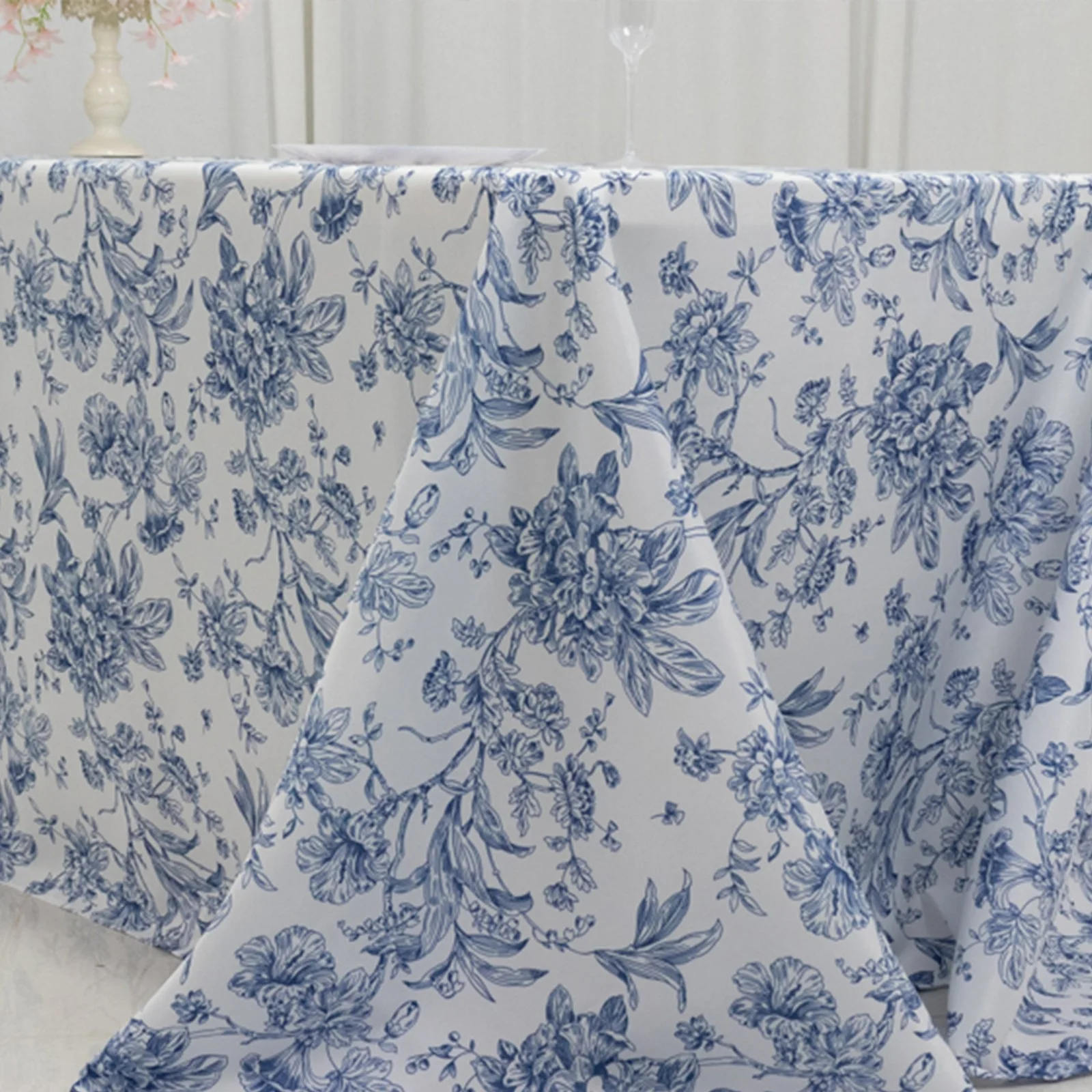 Polyester Rectangular Tablecloth 90"x156" White with Blue French Toile Pattern - Sophisticated Seamless Table Cover for Chic Weddings & Events - Image 7