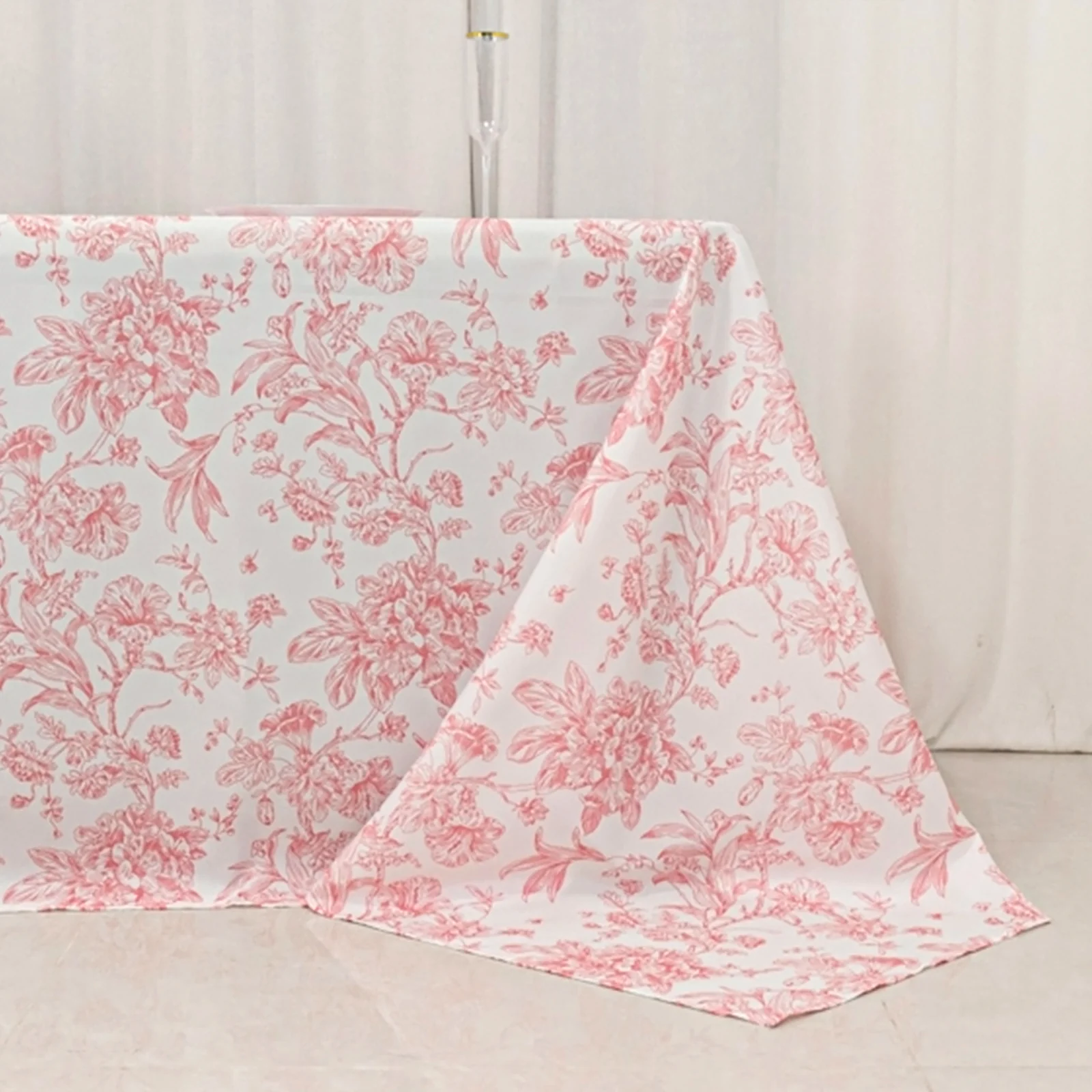 Polyester Rectangular Tablecloth 90"x156" White with Pink French Toile Pattern - Sophisticated Seamless Table Cover for Chic Weddings & Events - Image 2