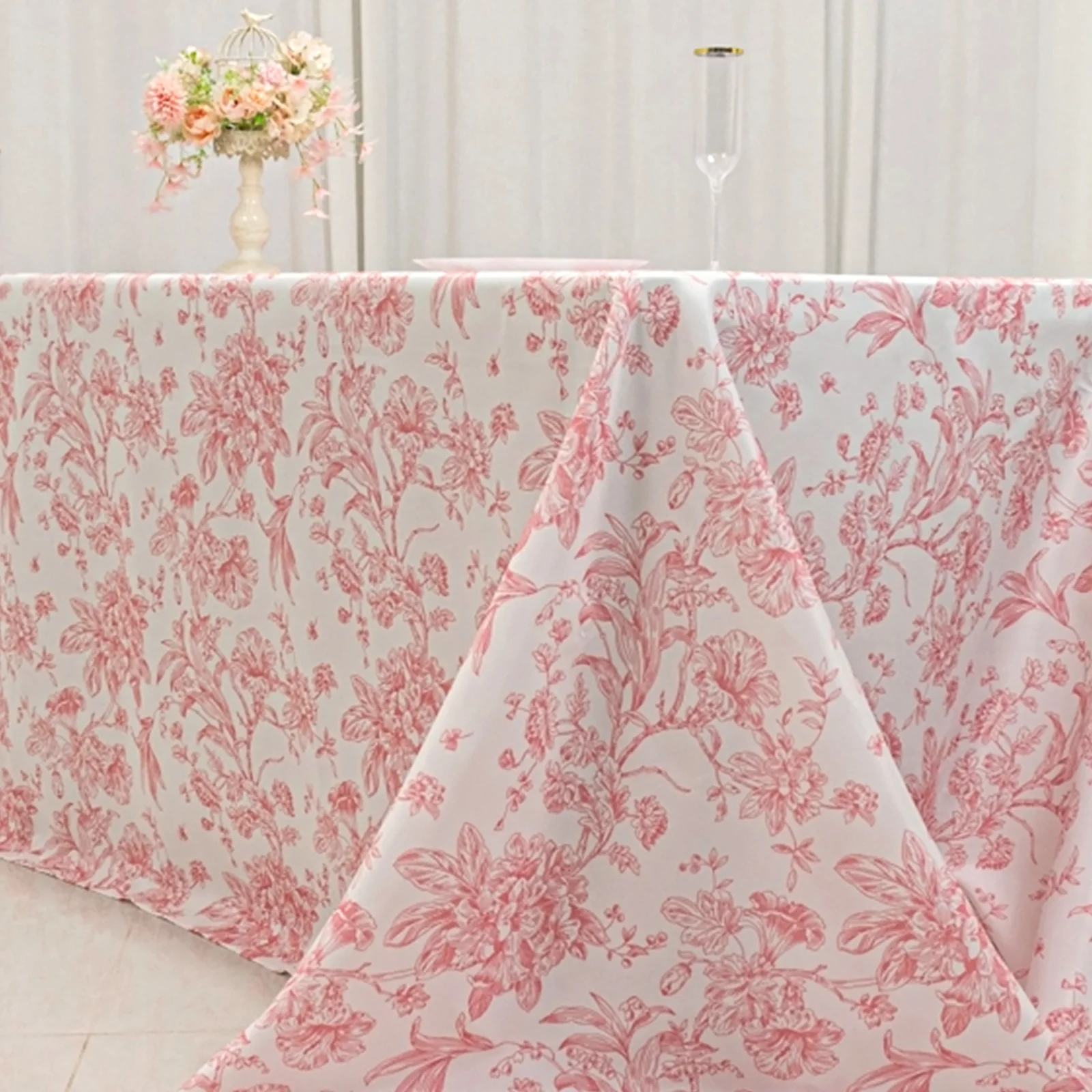 Polyester Rectangular Tablecloth 90"x156" White with Pink French Toile Pattern - Sophisticated Seamless Table Cover for Chic Weddings & Events - Image 7